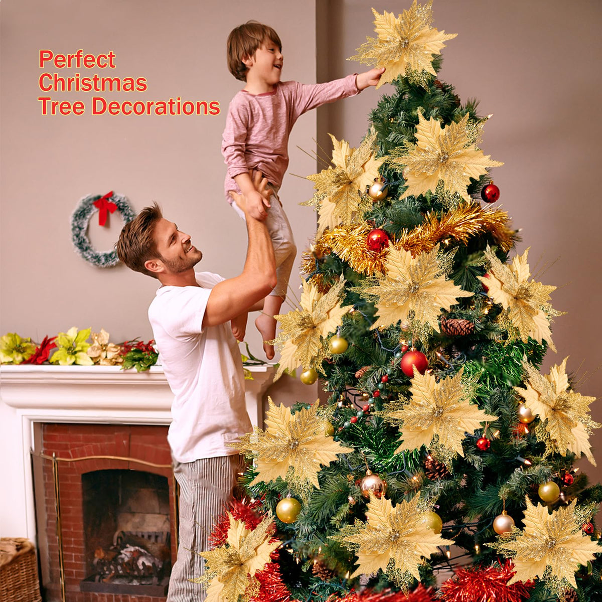 10'' Large Christmas Glitter Poinsettia Flowers Decorations, stadeco 10 Pcs Christmas Tree Picks Ornaments Artificial Flowers with Long Stems for Xmas Tree Wreath Garland Wedding Party DIY Decor