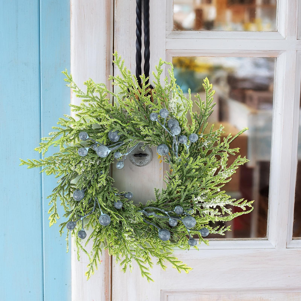 4 Pcs 3” Blueberry Candle Rings Spring Wreaths Mini Berries Table Centerpieces Wreaths Farmhouse Green Small Wreath for Pillars Kitchen Cabinet Front Door Porch Wall Decoration