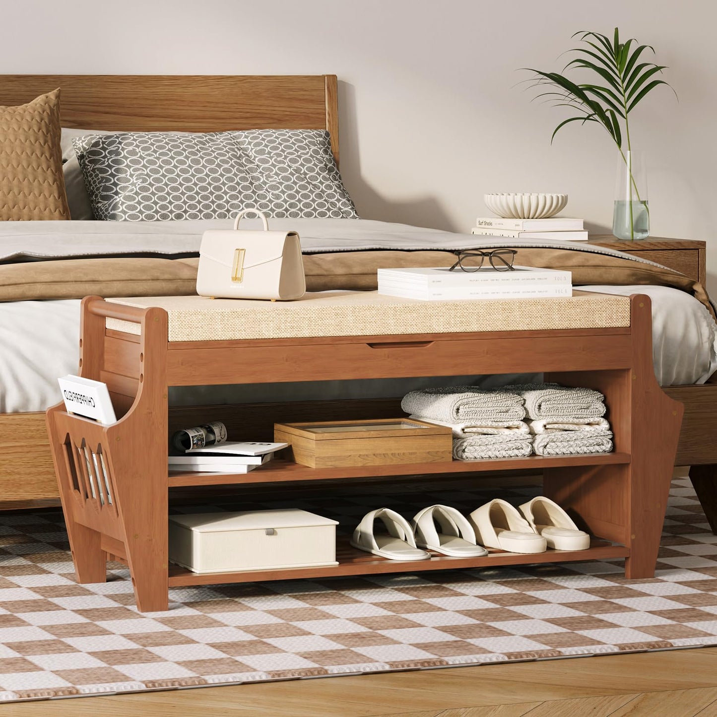 oakvivo 34.3in Shoe Bench, Bamboo 3-Tier Entryway Bench with Storage, Shoe Rack Organizer Holds Up to 330 lb, 34.3 x 11.8 x 18.9 Inches for Entryway Bedroom Closet Living Room Hallway
