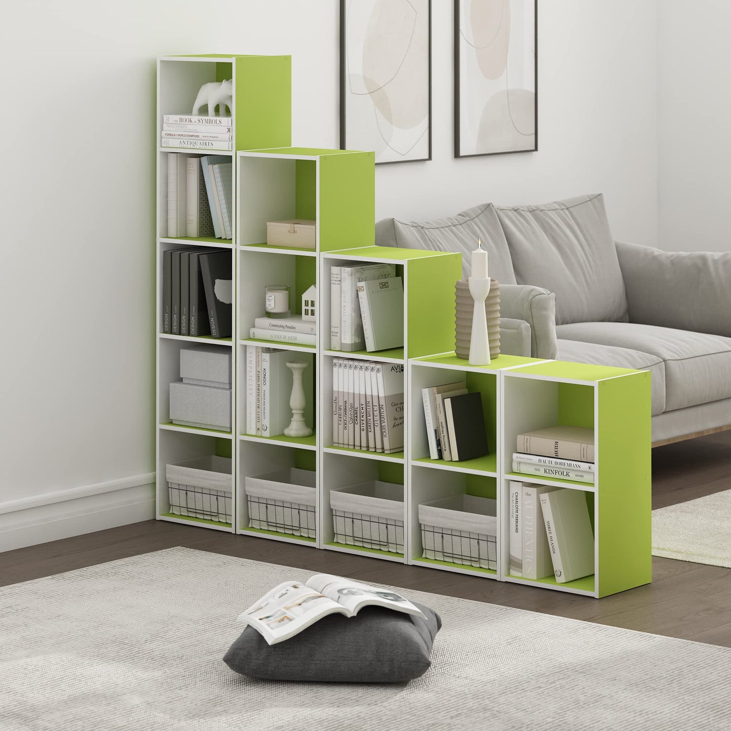 Furinno PASIR Book Shelf, 2-Tier Modern Bookshelf, Open Shelves Bookcase 9 x 12 x 21, Easy Assembly, for Living Room, Bedroom, Home Office, Green/White