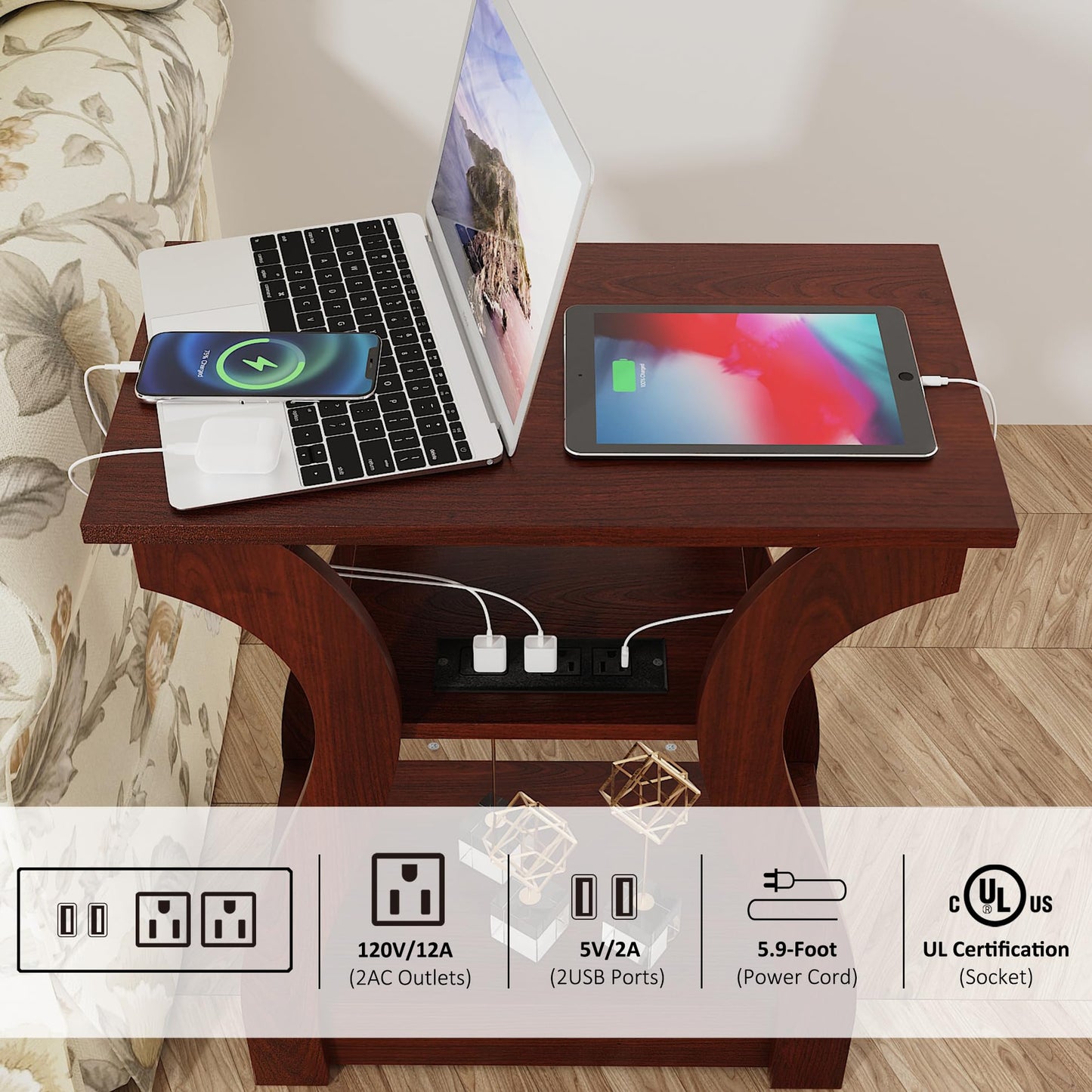 FROMJBEST End Tables Living Room, Cherry End Table with Charging Station, Nightstand for Bedroom, 3 Tier End Table with Storage Shelf for Living Room(Cherry)