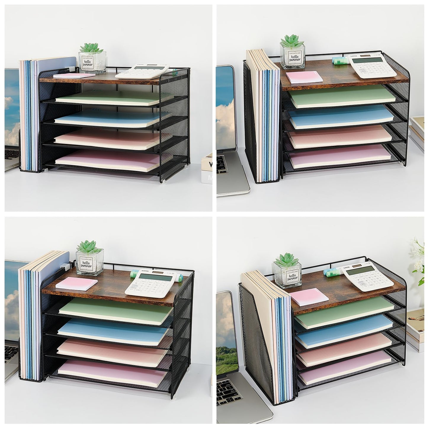 OPNICE Desk Organizer, 5-Tier Paper Organizer Letter Tray with Magazine Holder, Office Desk Accessories & Workspace Organizers, Desktop File Organizer for Office Supplies Storage, Wood