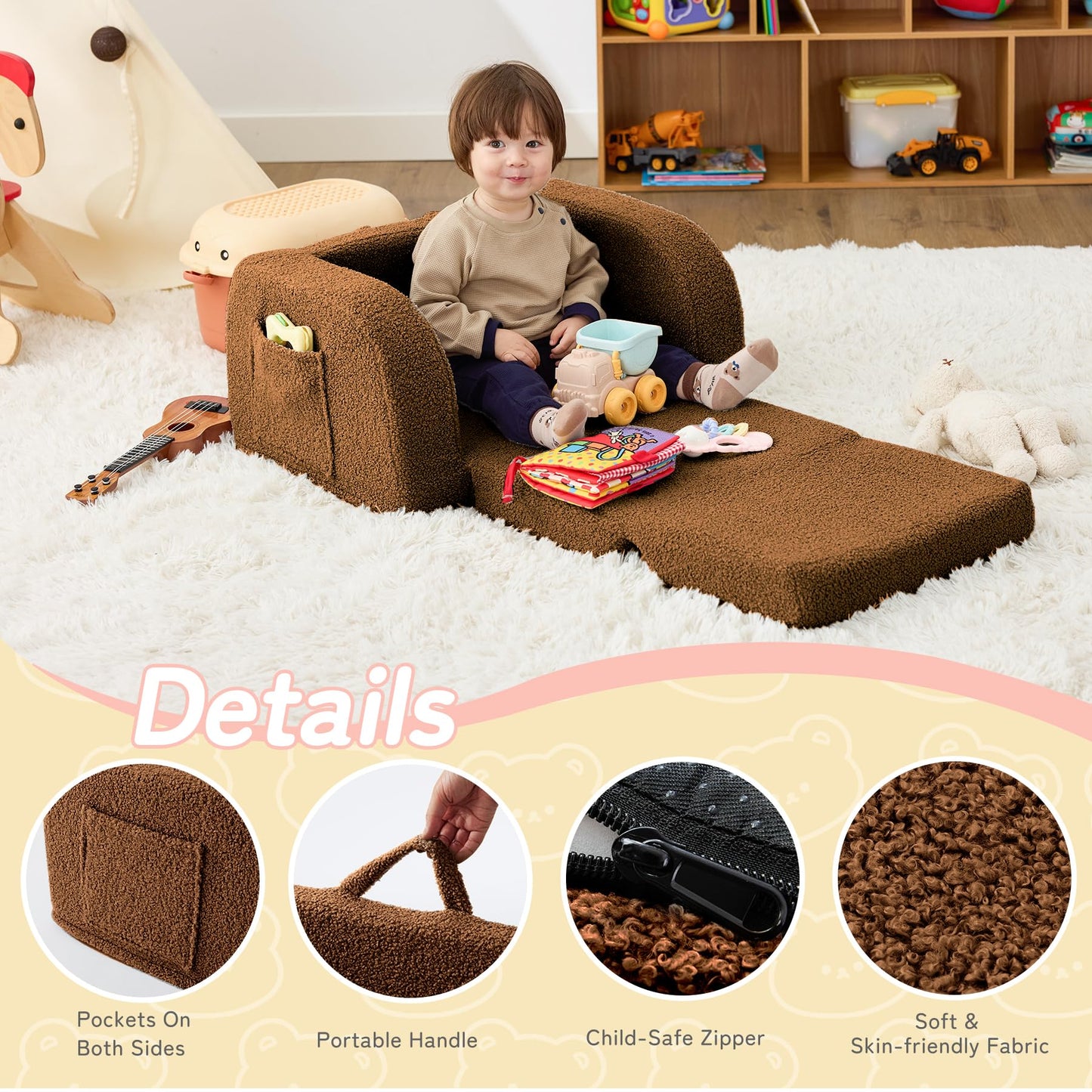 Toddler Couch, 2-in-1 Toddler Chairs Comfy 1-3 Years Old, Toddler Chair for Girls and Boys, Kids Couch Bed Fold Out, Convertible Baby Sofa to Lounge Chair for Playing, Reading, Napping, Brown