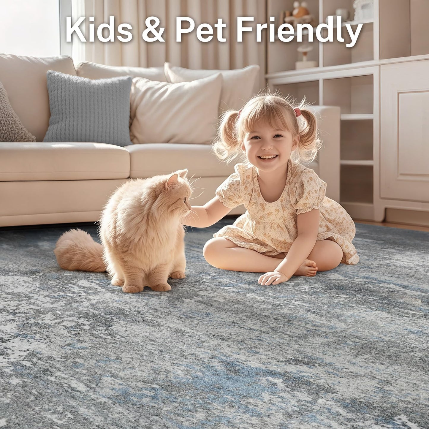 Micgeek Area Rug Living Room - 9X12 Abstract Washable Large Soft Foldable Non Slip Rug Neutral Modern Low Pile Carpet for Bedroom Nursery Dining Room Farmhouse Home Office Indoor - Grey Blue