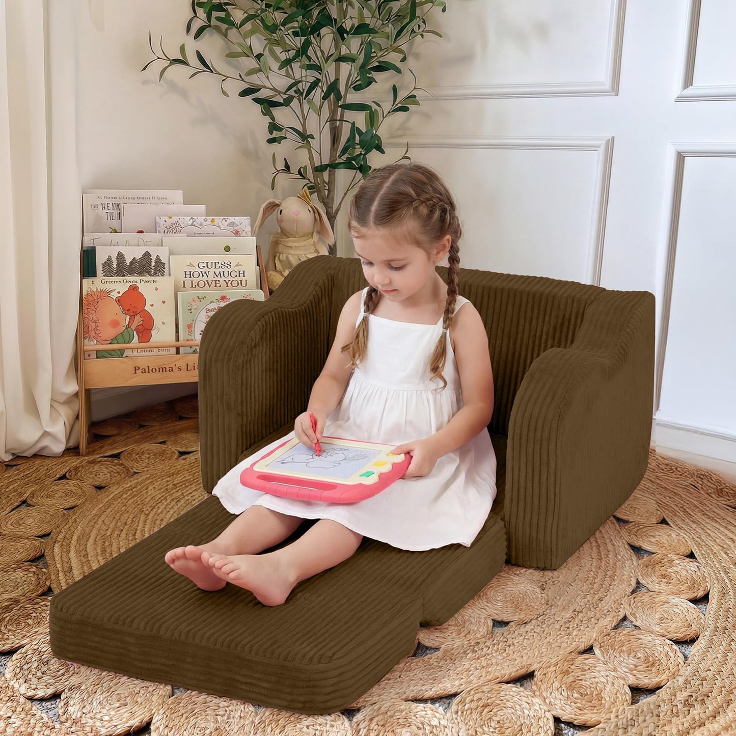 MeMoreCool Kids Couch, 2-in-1 Corduroy Kids Couch Fold Out to Recliner, Comfy Kids Chair for Ages 3+, Cushioned Foam Kids Sofa with Washable Cover for Playroom and Bedroom, Brown