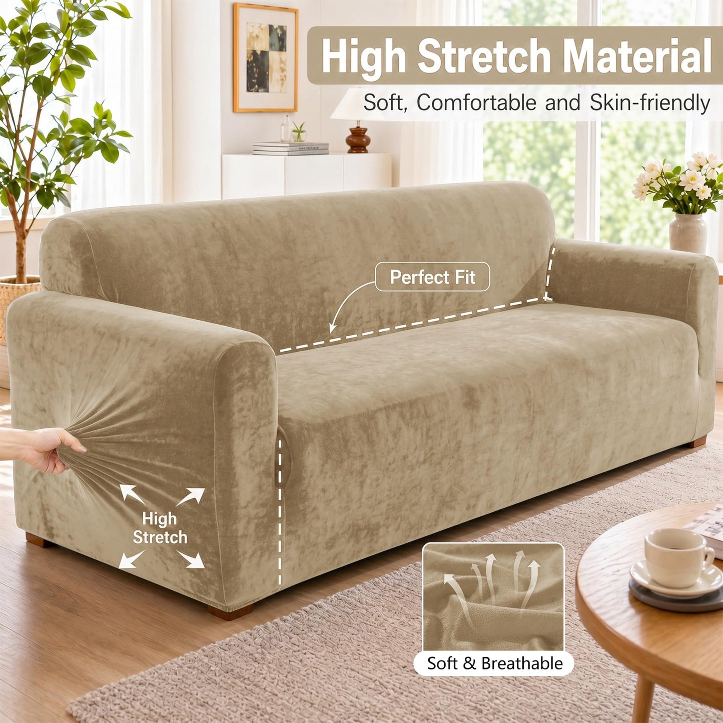 YEMYHOM Real Velvet Couch Covers for 2 Cushion Couch High Stretch 1 Piece Loveseat Slipcover for Pets Dogs Anti Slip Love Seat Sofa Slipcover Furniture Protector (55"-69", Camel)
