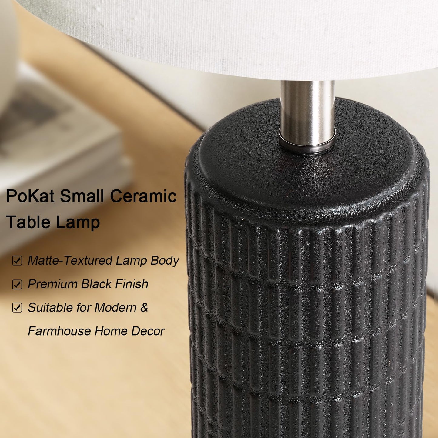 PoKat Small Table Lamps Set of 2 for Bedroom, 20.75'' Matte-Textured Farmhouse Ceramic Bedside Lamps for Night Stands, Stone-Like Modern Lamps for Living Room End Table Hallway Entryway Decor Black
