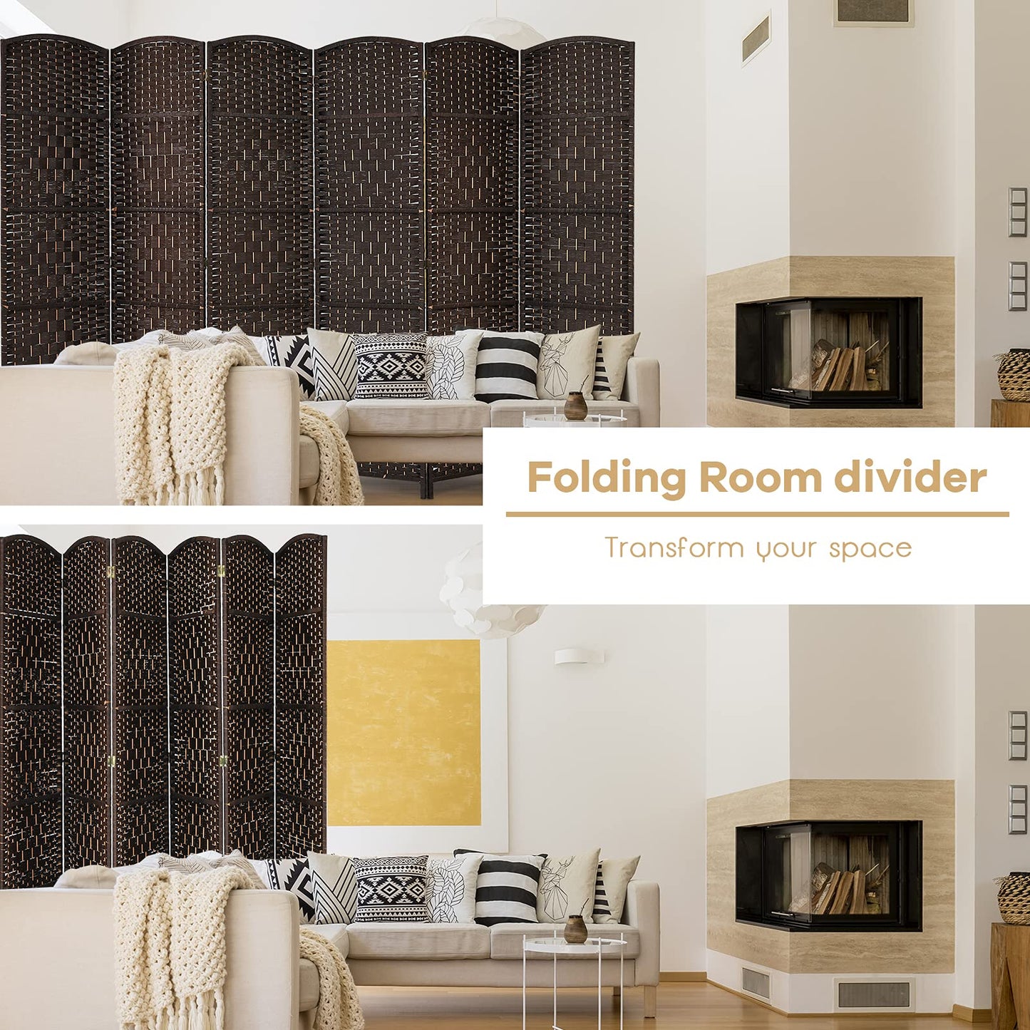 Giantex 6 Panel 6 Ft Tall Room Divider, Freestanding Wood Partition Room Divider Panel with Hand-Made Woven Paper Fiber, Room Dividers and Folding Privacy Screens for Bedroom, Small Space, Brown