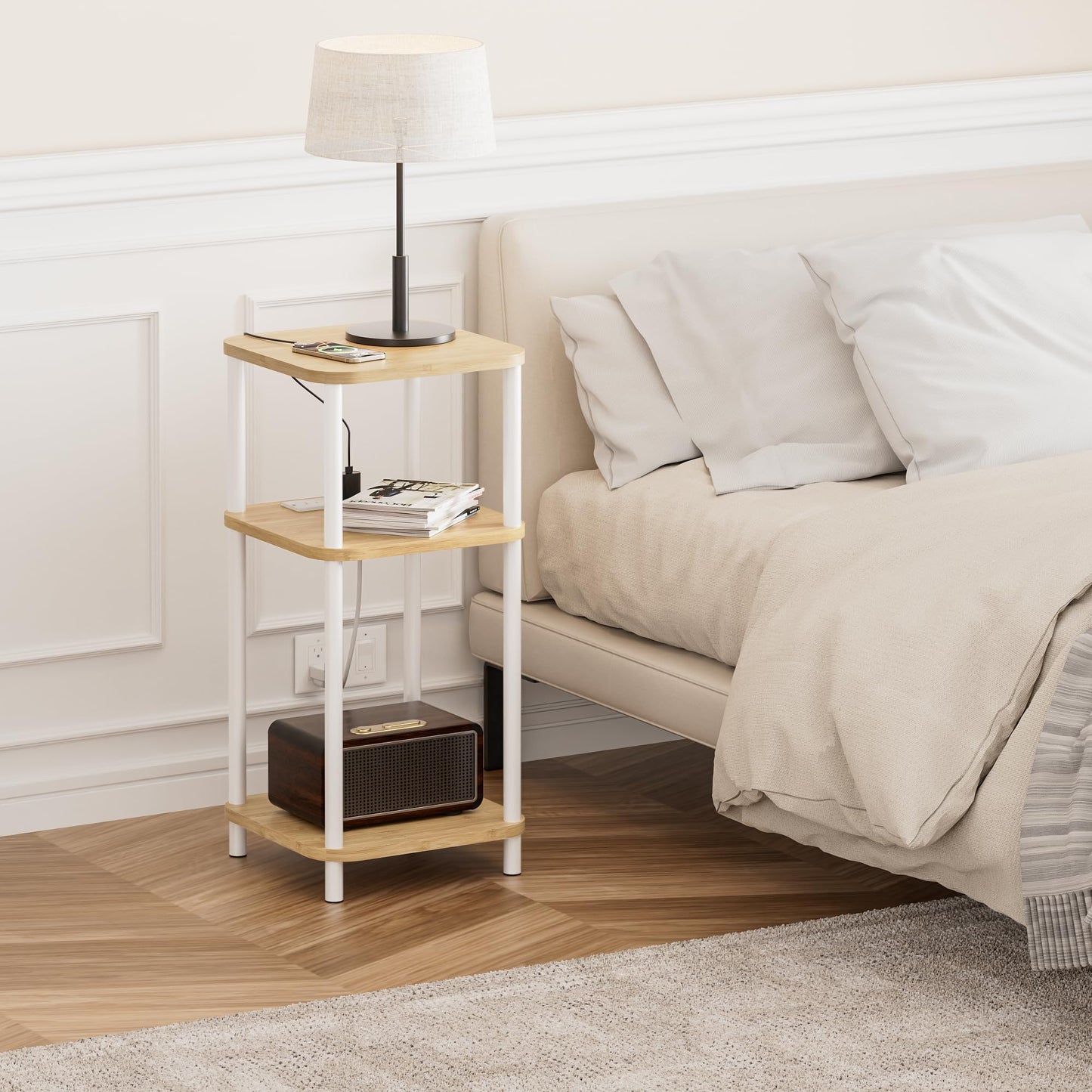 SANLUCE Bamboo End Table with Charging Station, Side Table for Small Space, Small Table Stand, Narrow Wooden Bedside Table Nightstand with Shelves, for Nursery, Living Room, Bedroom, Natural and White