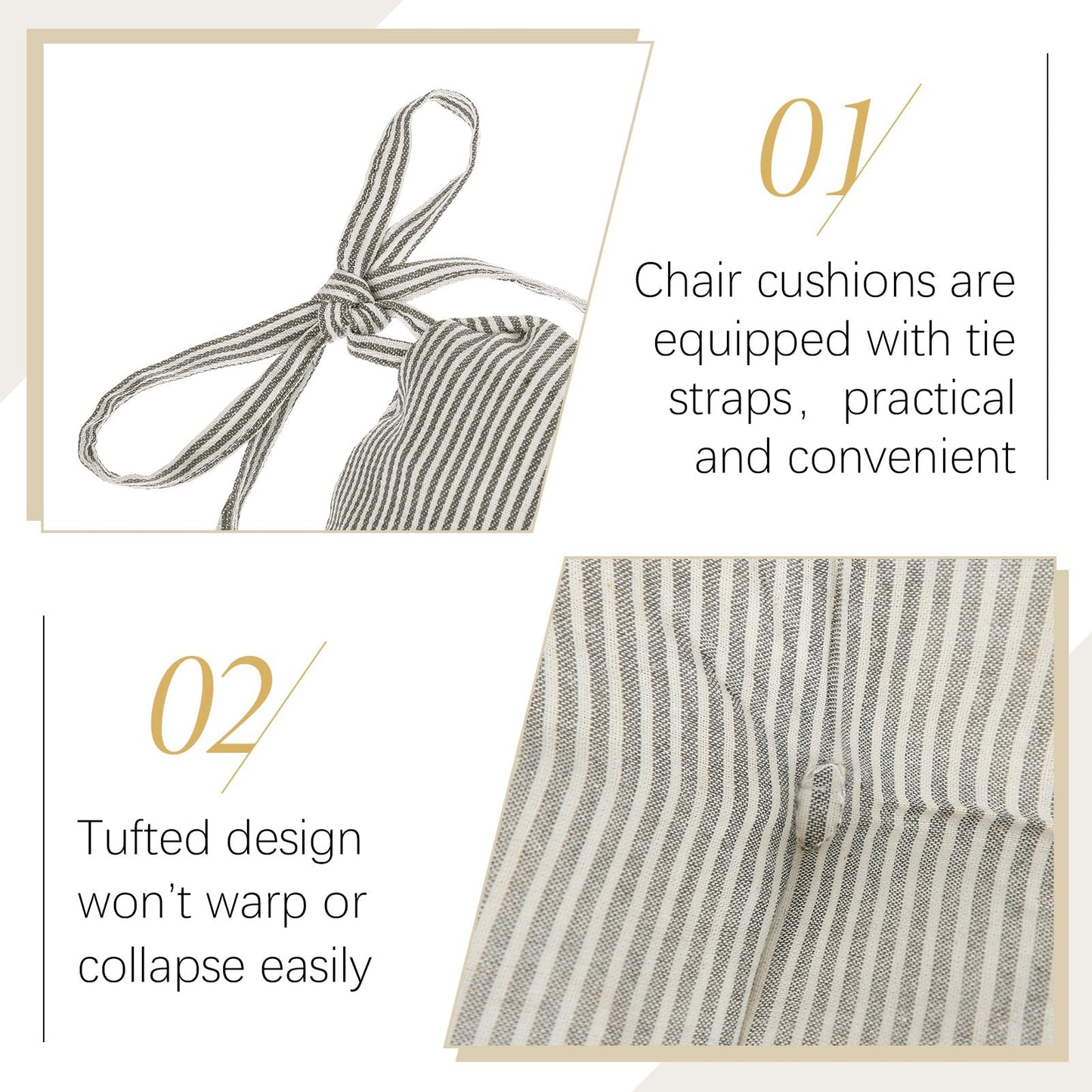 Geetery Gray and White 4 Pack Ticking Stripe Chair Cushions with Ties, 16"x15" Reversible Indoor Chair Pads for Dining Chairs, Soft Kitchen Seat Cushions for Home Office Living Room
