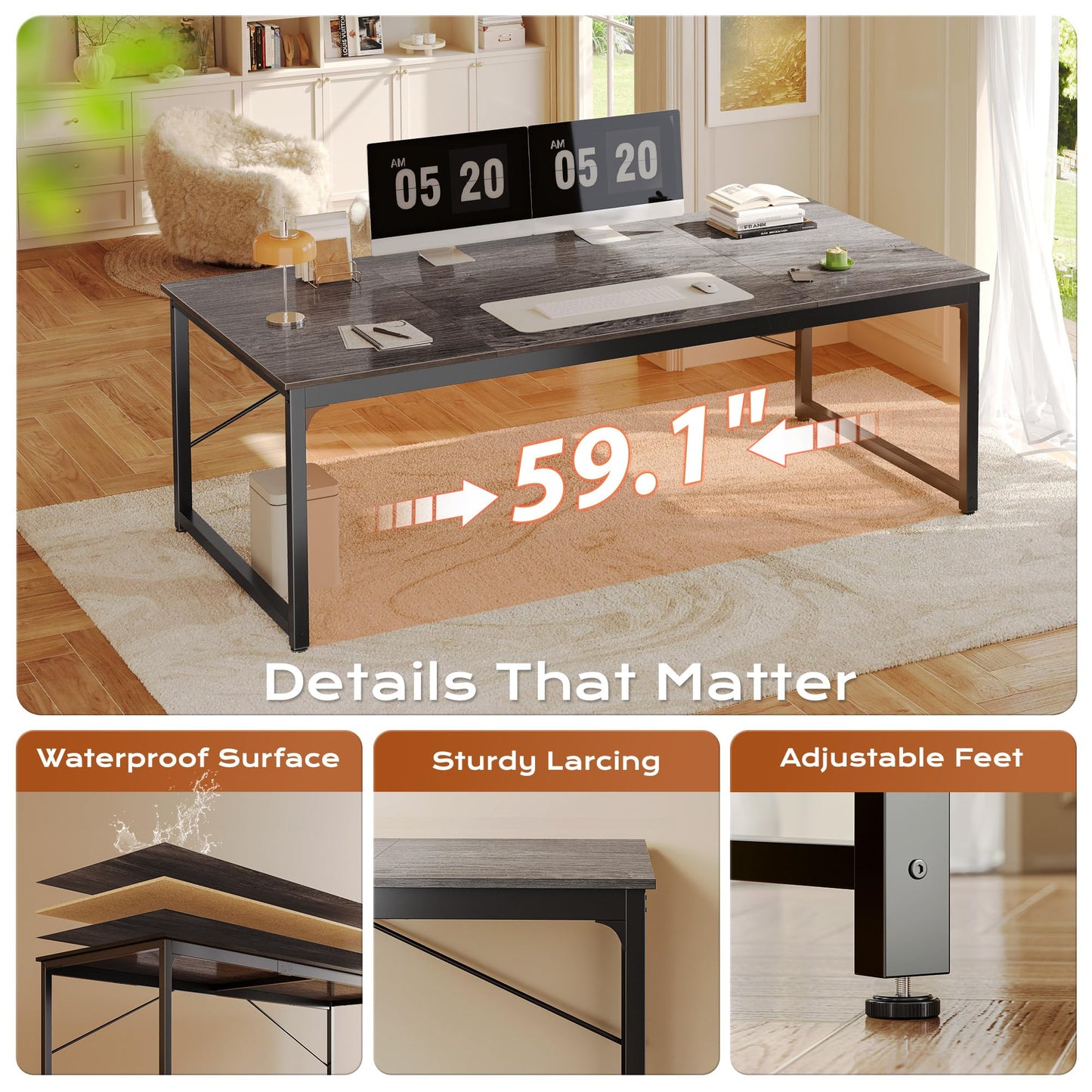 PRAISUN 63 X 29.5 Inch Computer Desk with Deeper Desktop, Gaming Office Writing Work Desk for Home Office, Study, Bedroom, Work from Home, Metal Frame, Grey