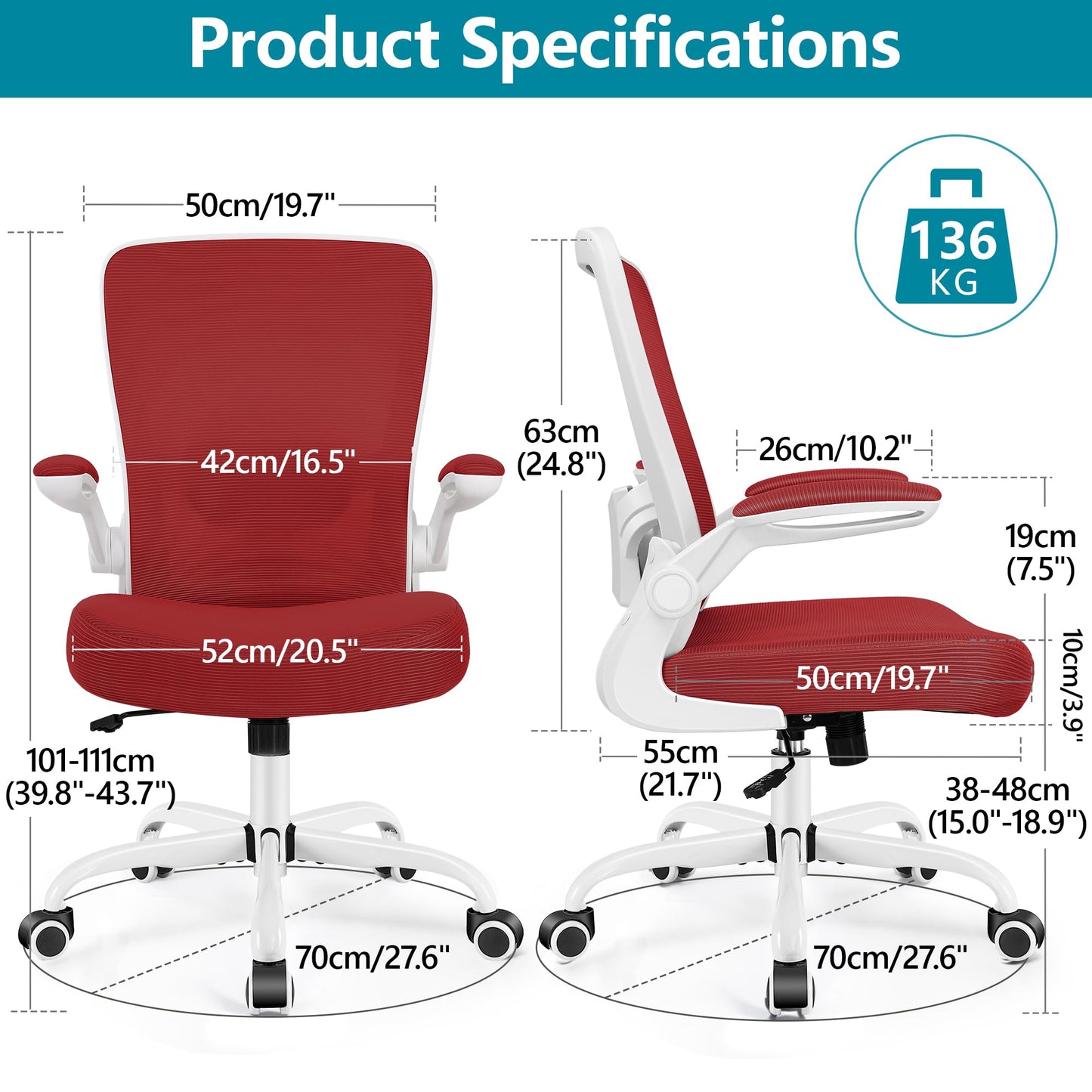 FelixKing Office Chair, Ergonomic Desk Chair Breathable Mesh Chairs Adjustable High Back Lumbar Support Flip-up Armrests, Executive Rolling Swivel Comfy Computer Chairs Home Office Fire Brick