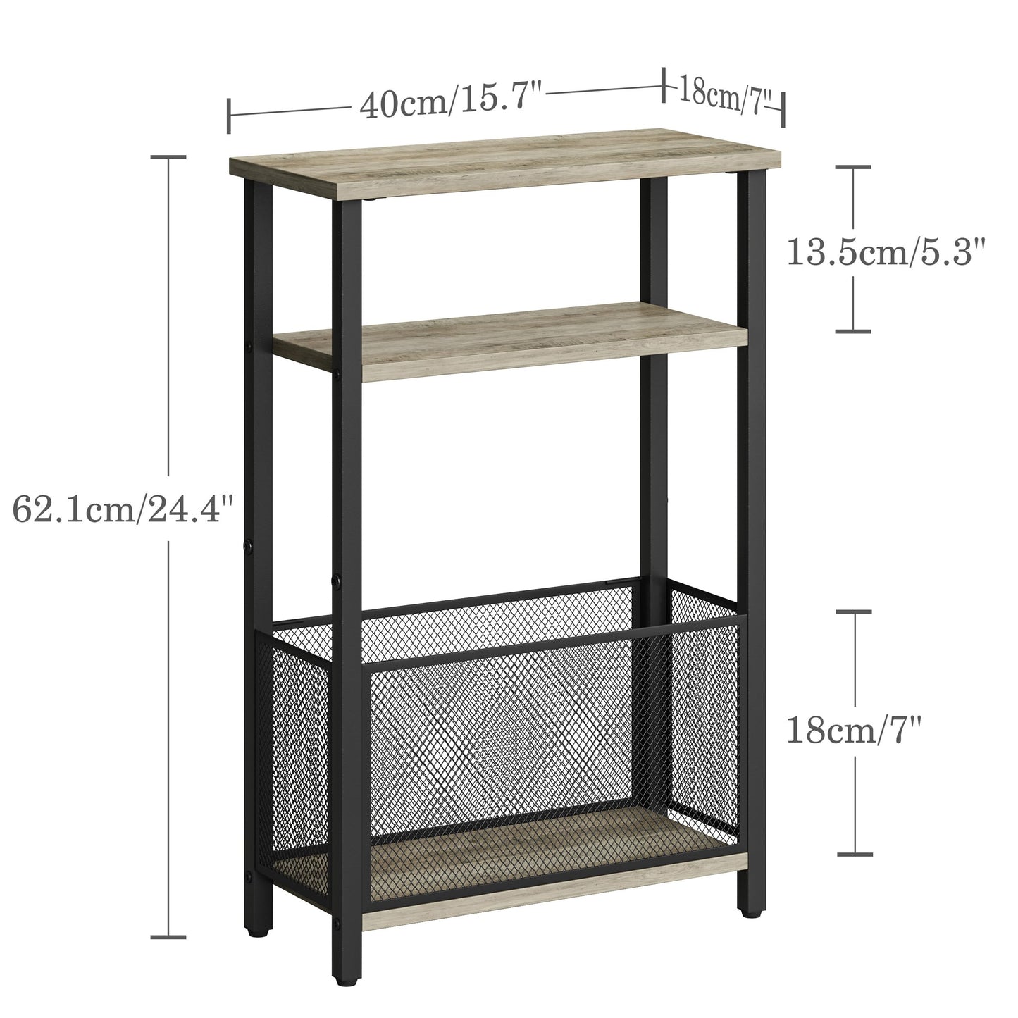 MMEOLUOOK Narrow Side Table with Storage Basket Skinny End Tables for Smalls Spaces 3 Tier Sofa Table Small Nightstand Slim Bedside Table for Living Room Bedroom Oak MLBZ22Q