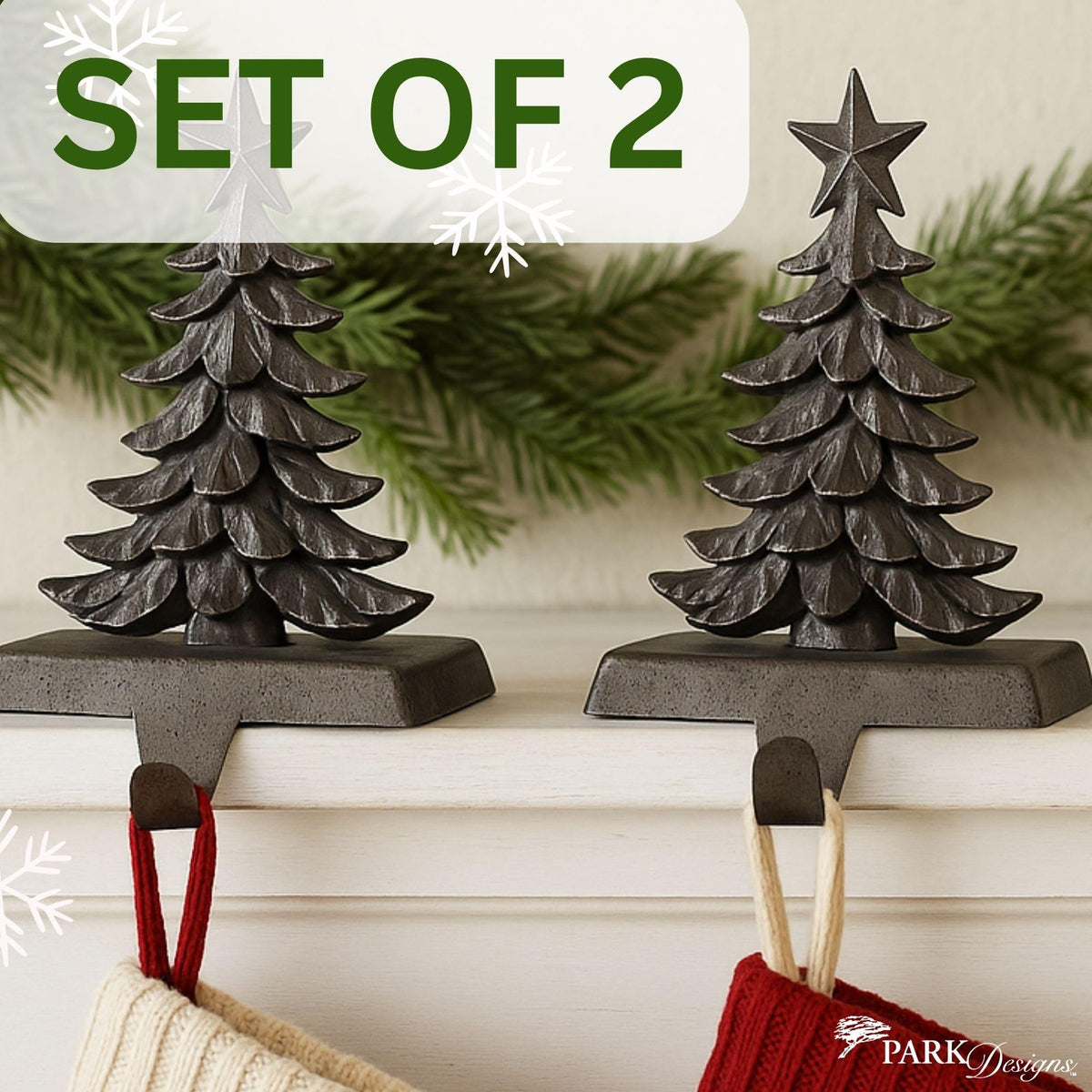 Park Designs Christmas Tree Stocking Hanger Set of 2 | 6" x 0.5" x 6" Cast Metal Mantel Hooks | Iron Finish Holiday Stocking Holders | Rustic Fireplace Décor for Farmhouse or Lodge Christmas Displays