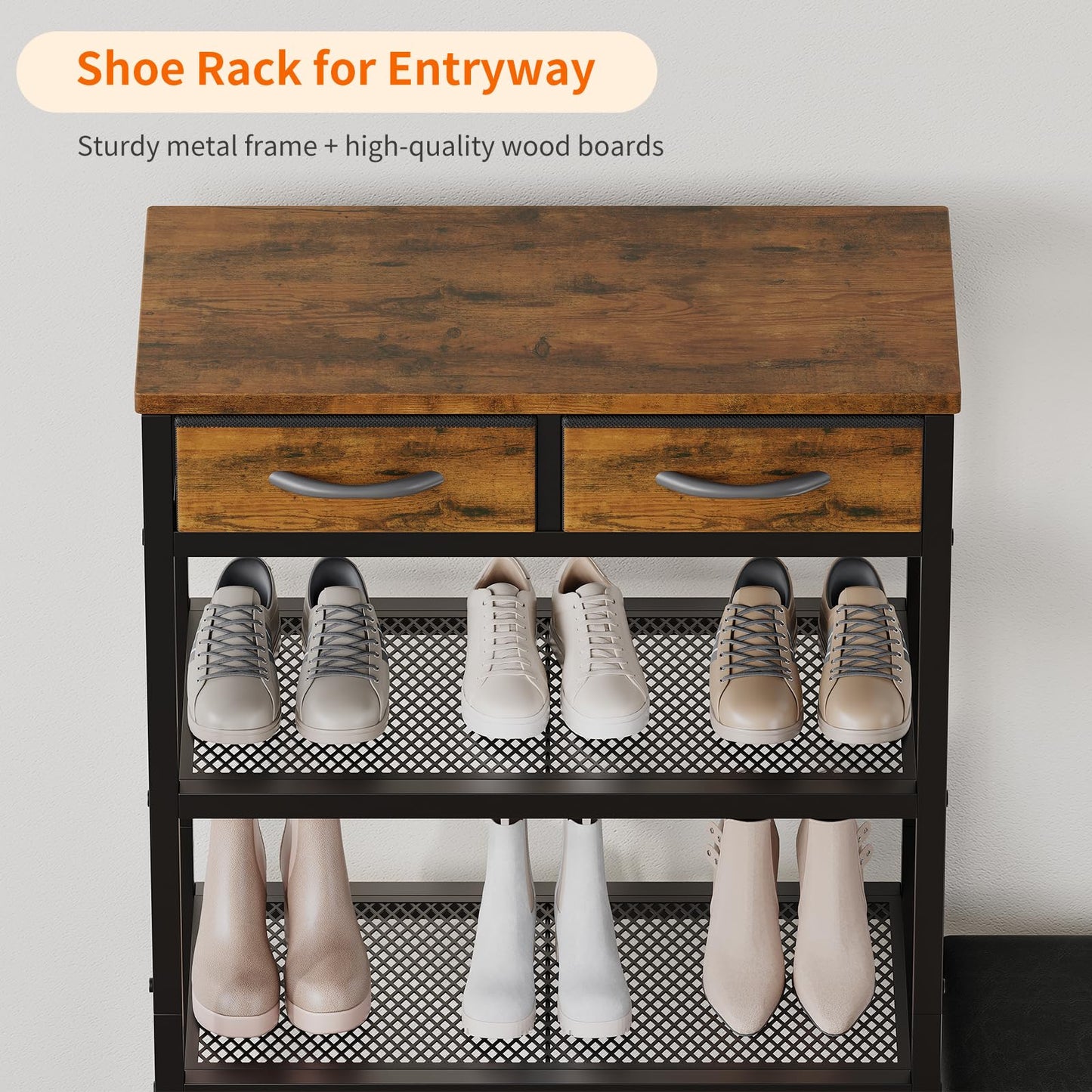 Shoe Rack Bench Shoe Rack for Entryway, Cushioned Entryway Shoe Storage with 2 Drawers & 5-Tier Organizer, Metal Frame Wood Top Narrow Space-Saving Hallway Organizer for Closet & Front Door