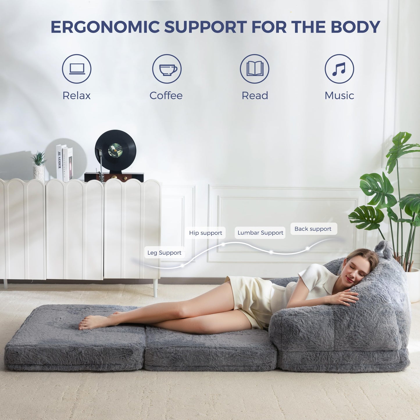 MAXYOYO Folding Sofa Bed, 2 in 1 Convertible Sofa to Lounger Comfy Single Bean Bag Chair for Adults, Floor Couch with Handle, Faux Fur Couch Bed for Living Room Bedroom, Grey