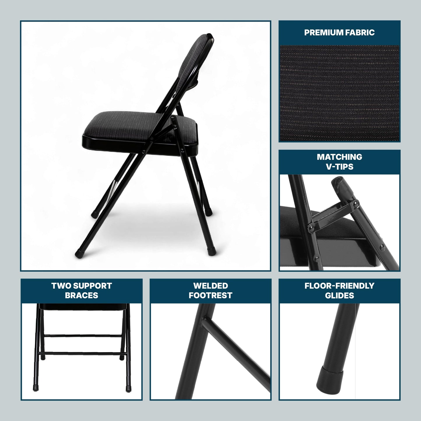OEF Furnishings OEF970 Series Premium Fabric Padded All Steel Folding Chairs, Comfort Cushioned Seat & Back for Meeting Office Training Rooms (4 Pack, Cosmic Black)