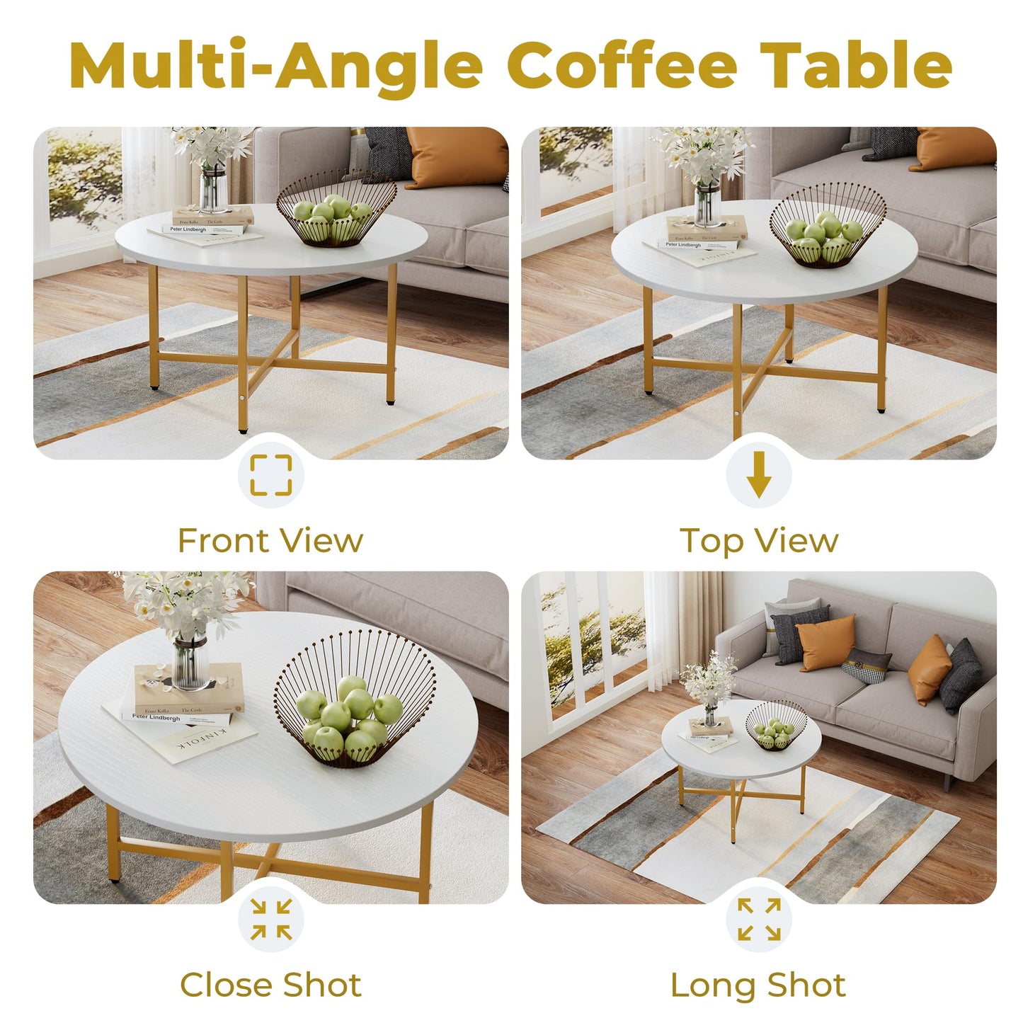 FAMIDGE Coffee Table, 23.6" Coffee Tables for Living Room, Round Coffee Table with Metal Frame, Floor Table for Sitting on The Floor, Home, Office, White & Gold Legs