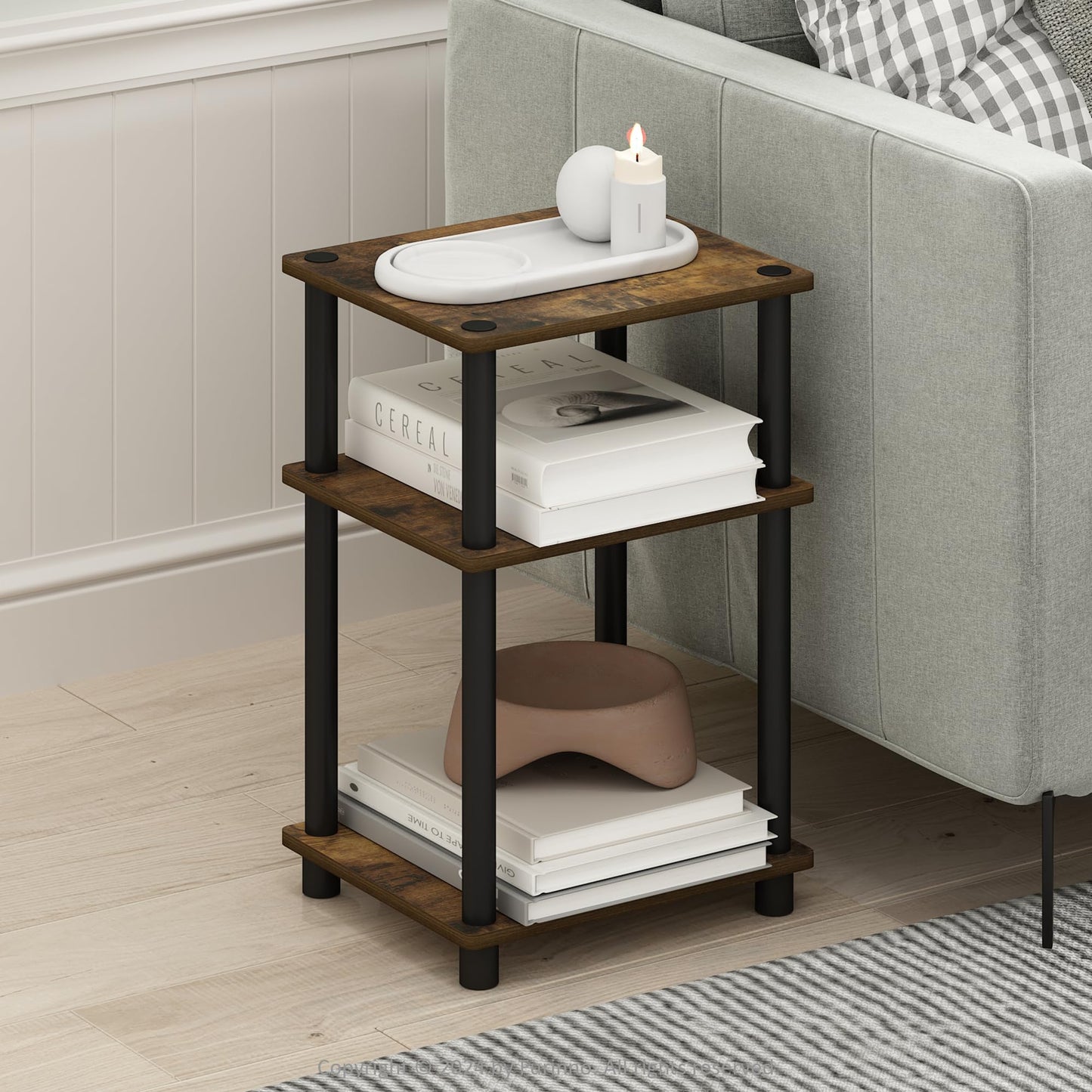 Furinno JUST Side Table, 3-Tier End Table, Open Shelves Night Stand, Bedside Table, Toolless Assembly, for Living Room, Bedroom, Bathroom, Amber Pine