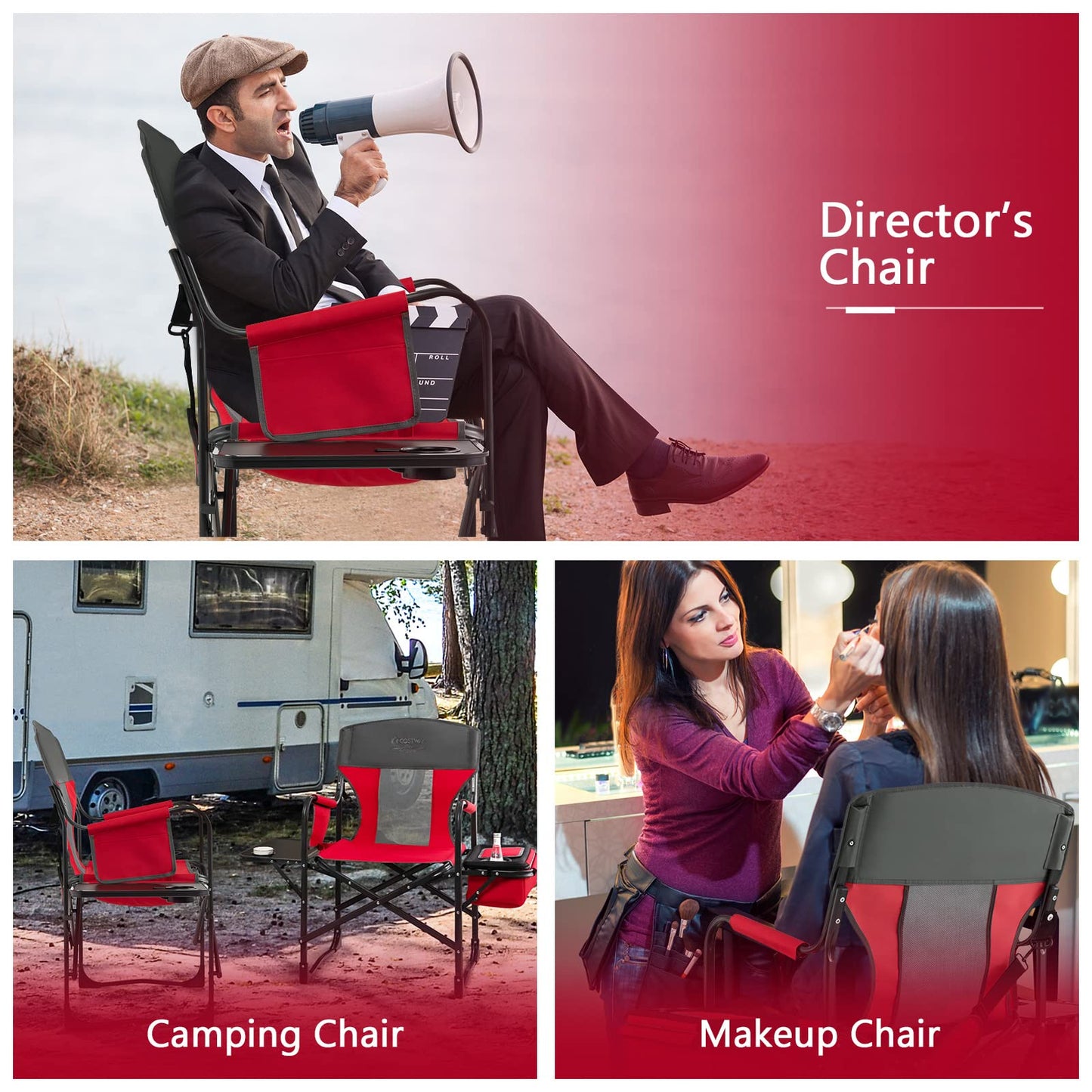 COSTWAY 2-Pack Folding Camping Chair, Heavy-Duty Director Chair Supports 400lbs for Adults with Side Table, Cooler Bag, Storage, Strap, Portable Makeup Chair Set of 2 for Fishing Picnic, Red