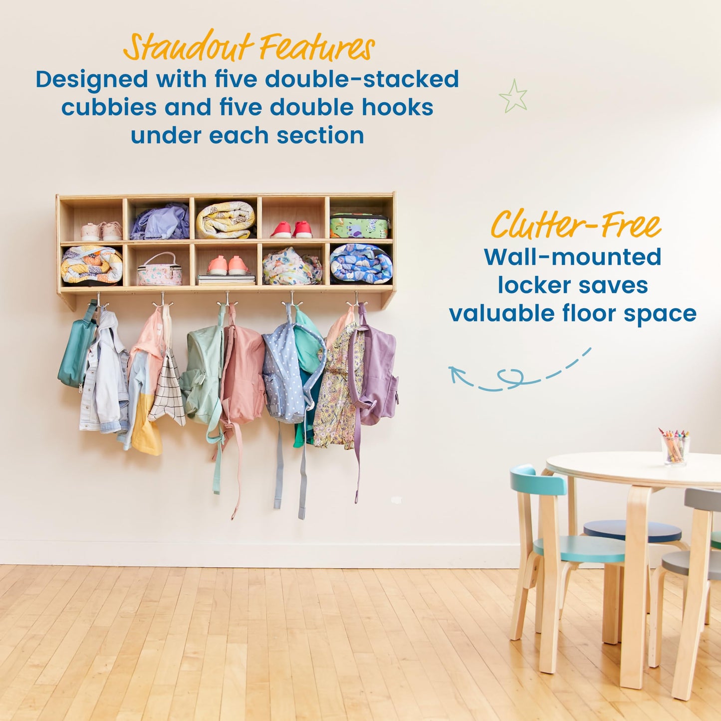 ECR4Kids Streamline 10-Section Wall-Mounted Hanging Cubby Coat Locker, Classroom Furniture, Natural