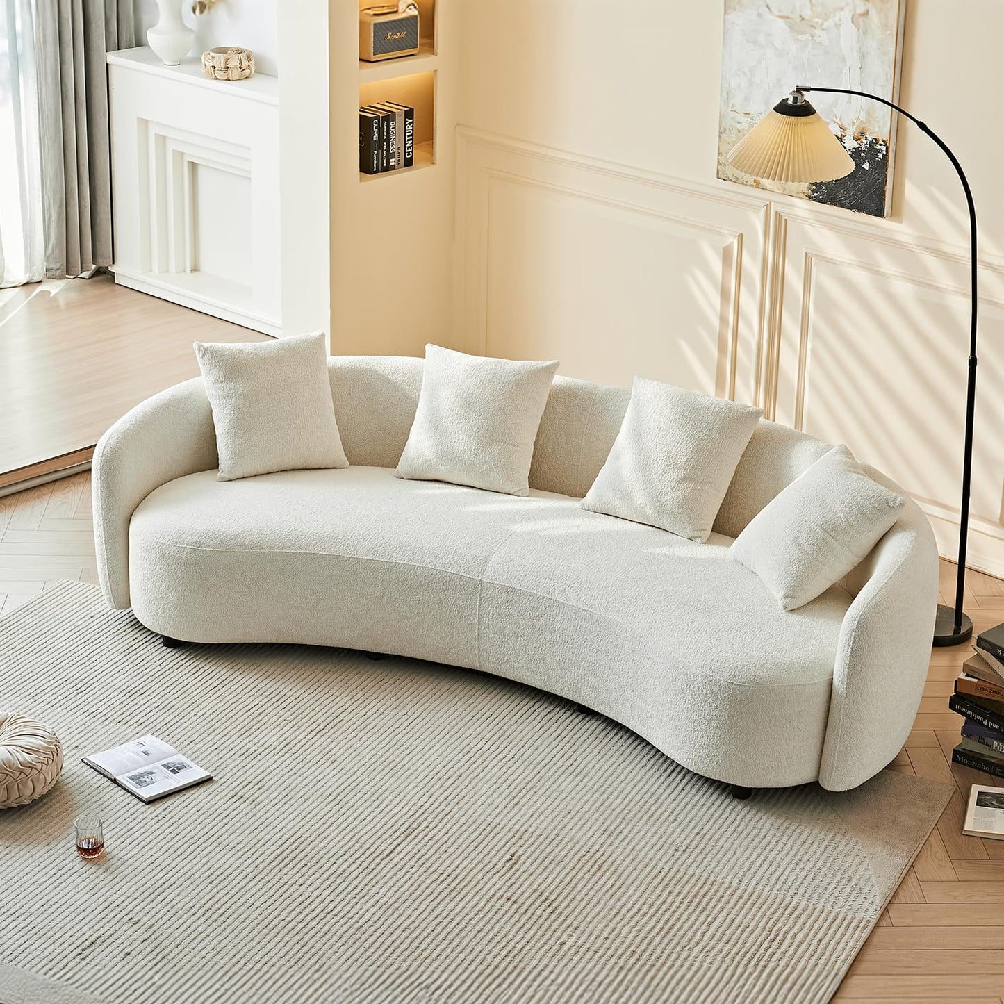 BBTJ0INT Half Moon Sofa, Curved Design Off-White Boucle Upholstered Couch for Modern Living Room, Comfy Chaise Sofa with 2 Throw Pillows