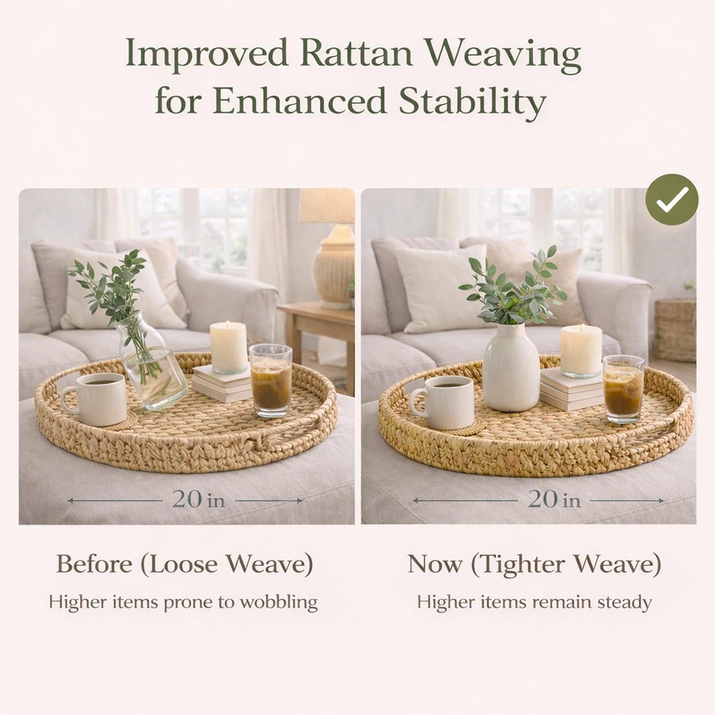 Extra Large Round Ottoman Tray Set of 3 (20", 16", 10")–Water Hyacinth Rattan Wicker Coffee Table Tray with Handles, Oversized Serving Tray for Kitchen Island, Dining Table, Entryway, Bedroom Decor