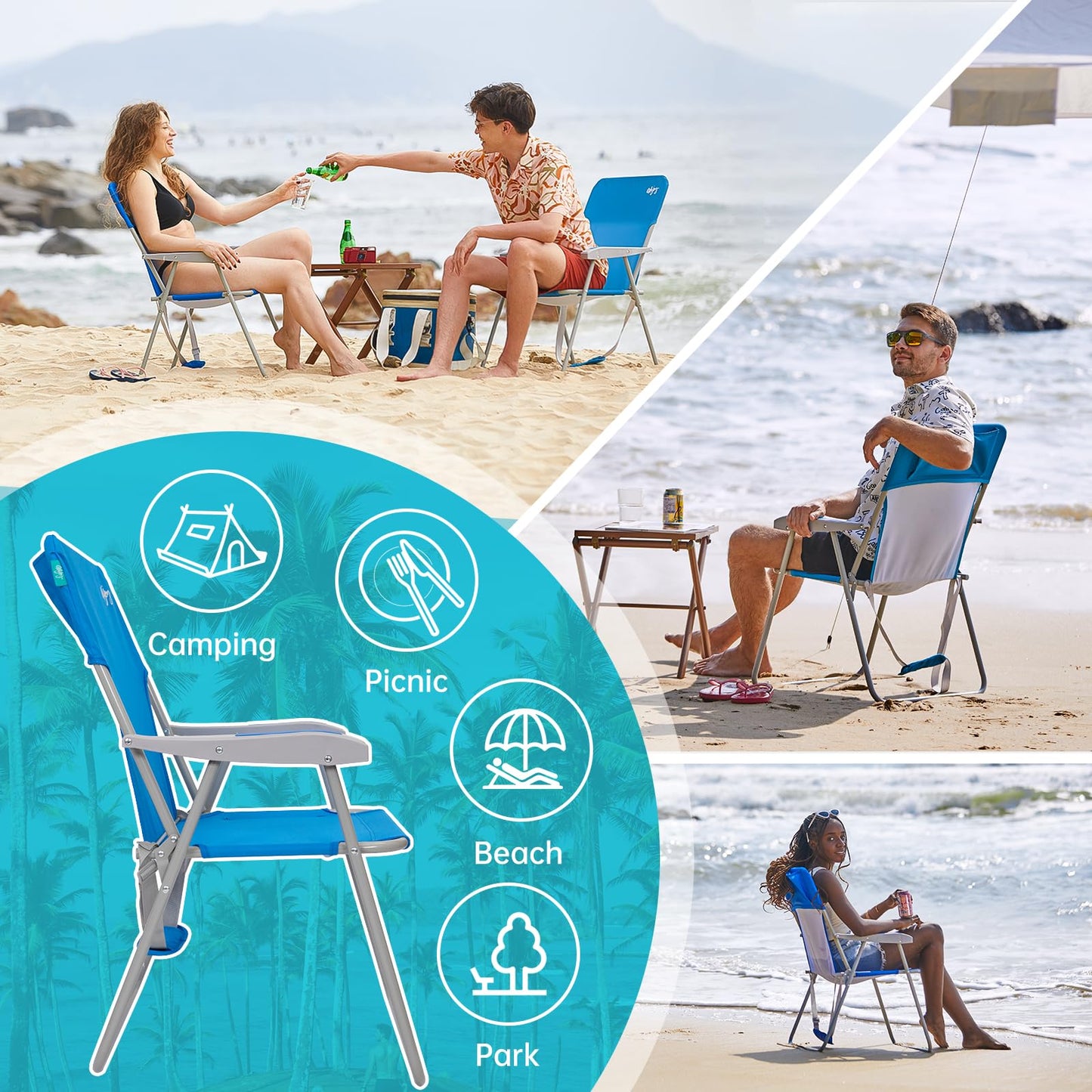 #WEJOY Folding Beach Chair for Adults, Lightweight Beach Chair with Shoulder Straps, High Back Camping Chairs with Hard Armrest, Supports 300lbs for Outdoor Lawn Concert, 2 Pack (Blue)