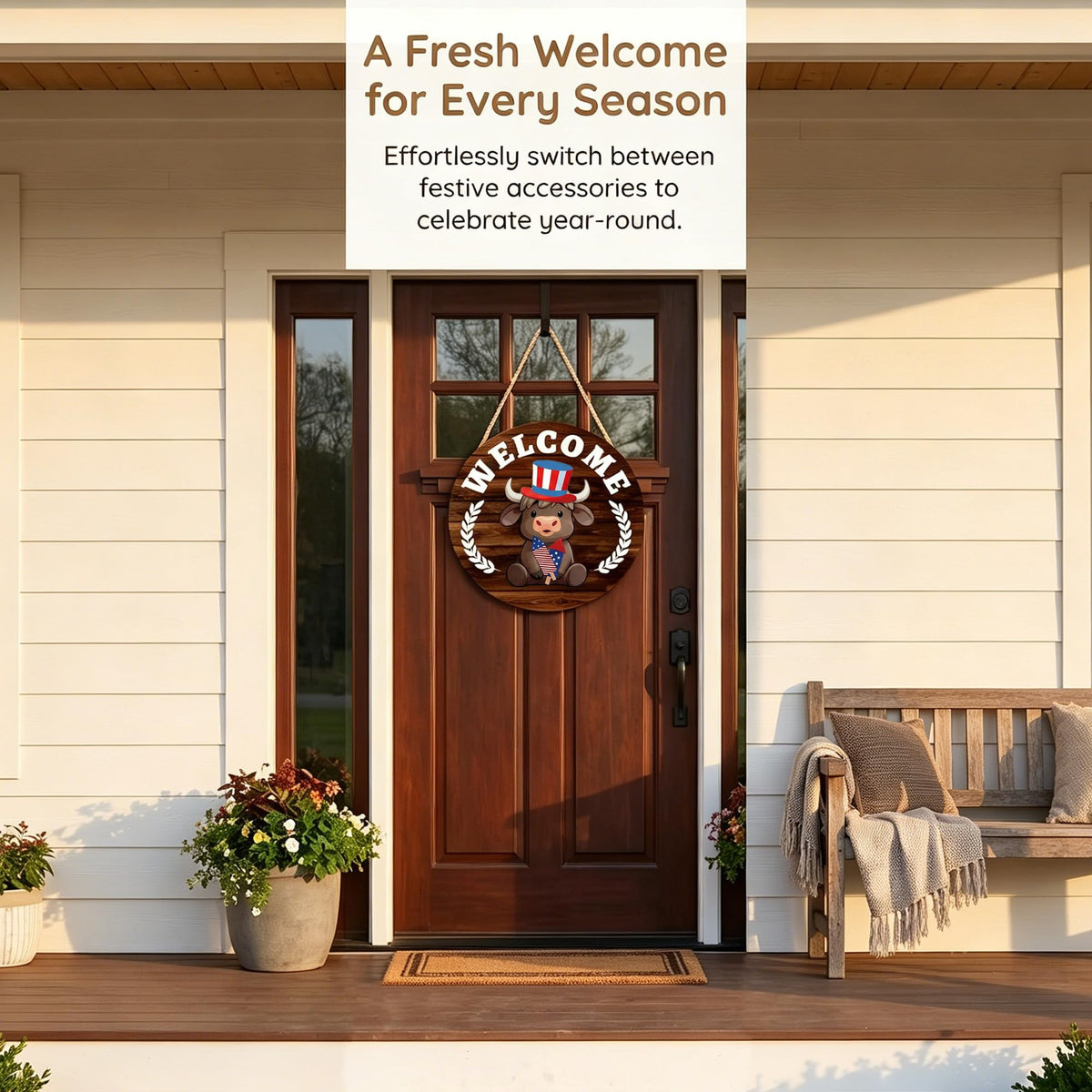 Yiranok Holiday Interchangeable Highland Cow Welcome Sign,Highland Cow Seasonal Wooden Hanging Door Decoration Front Door Decoration Gift Hanging Door Sign