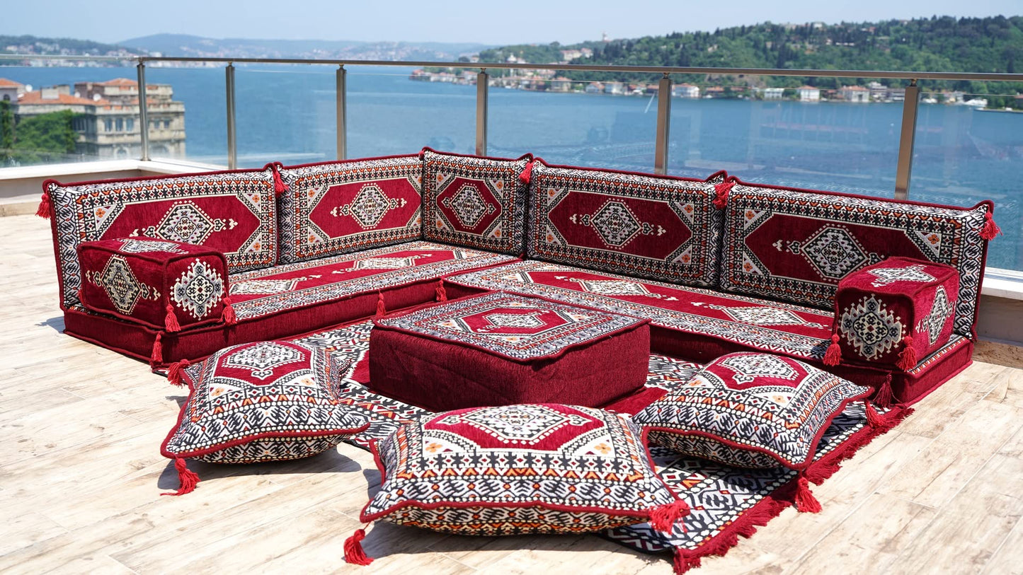 L Shaped Arabic Floor Cushions, Sectional Sofas, Arabic Majlis Set, Custom Made Sofa, Arabic Sofa Set, Seating Cushions (4'' Thickness Sofa, L Sofa Full Set, Burgundy)