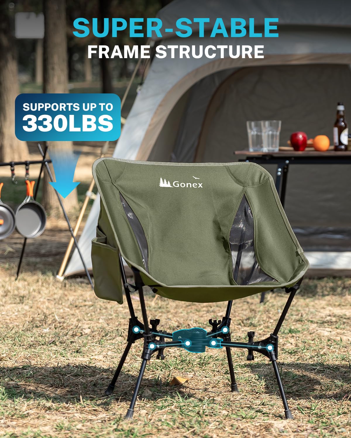 Gonex Portable Camping Chair, The 5th Gen Ultralight Compact Backpacking Foldable Lightweight Folding Chair for Outdoor Camp Hiking Beach Picnic Concert, Supports 330lbs (Army Green, 1 PCS)