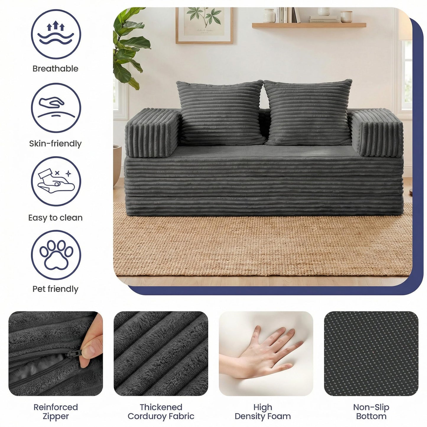 Winzoo Convertible Sofa Bed, 4-in-1 Boneless Loveseat with Removable Armrests Backrest, Corduroy Futon Couch Bed with Pillow, Foldable Mattress Sleeper Sofa for Living Room Bedroom Small Place (Grey)