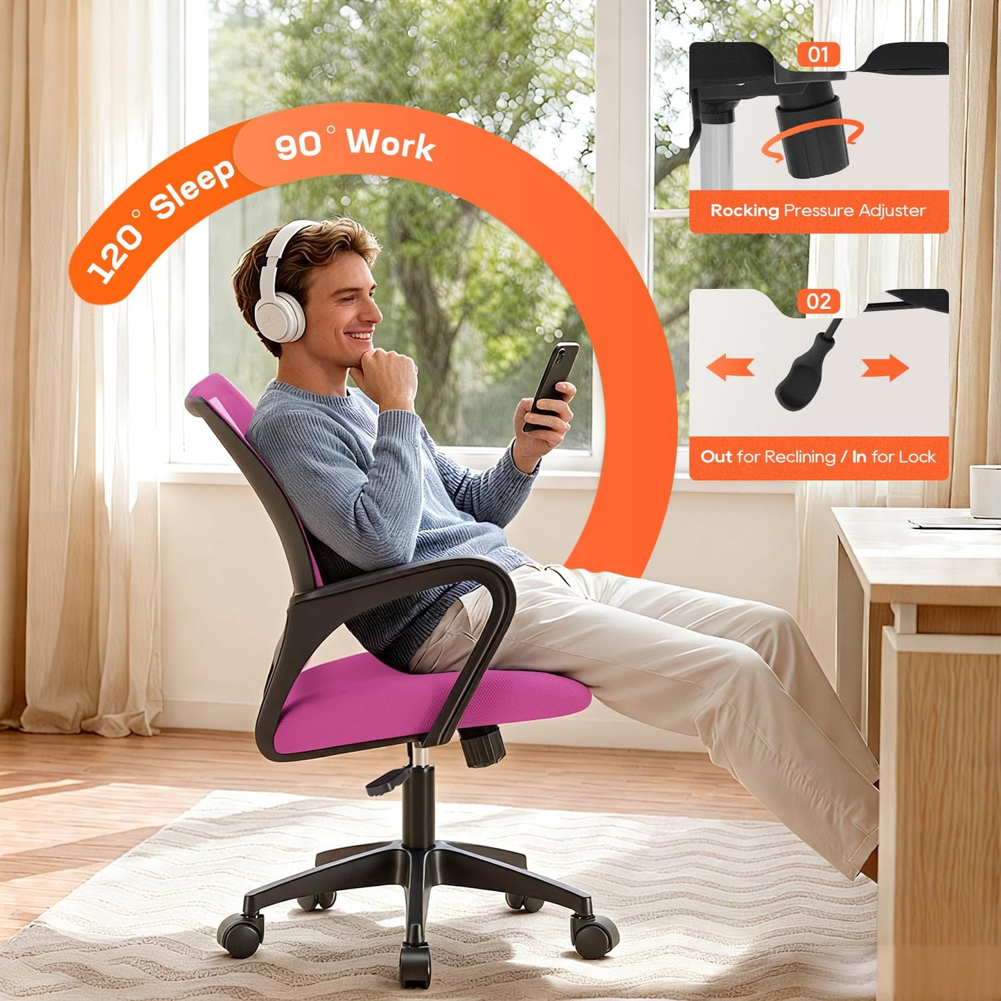 BestOffice | Ergonomic Office Chair | Mid-Back Swivel Desk Chair | Breathable Backrest & Lumbar Support | Adjustable Height | Sponge Seat | Rolling Wheels | Pink | for Adults & Women