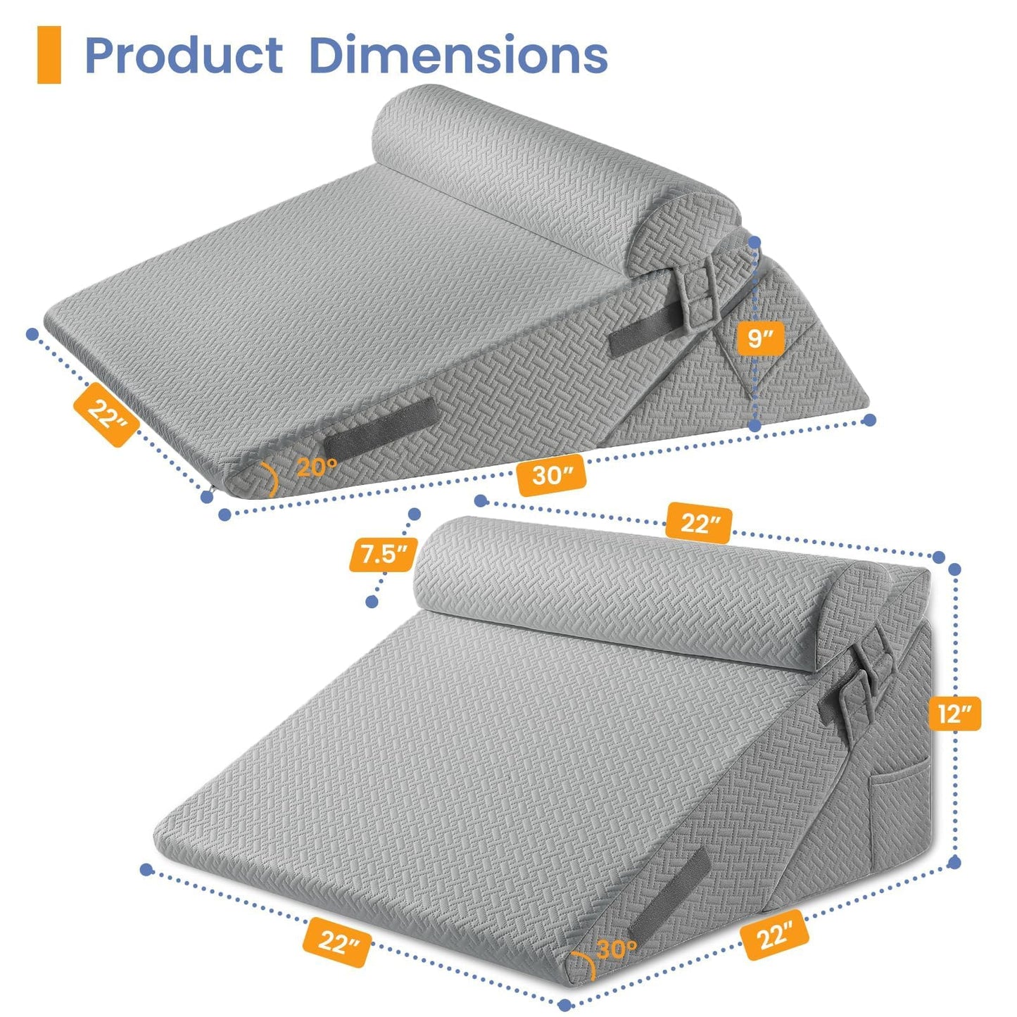 Sasttie Wedge Pillow Set for After Surgery, 2PCS Adjustable Bed Wedge Pillow Headboard with Memory Foam Neck Cushion – for Acid Reflux, Sleeping, Neck & Back Support, Dark Grey