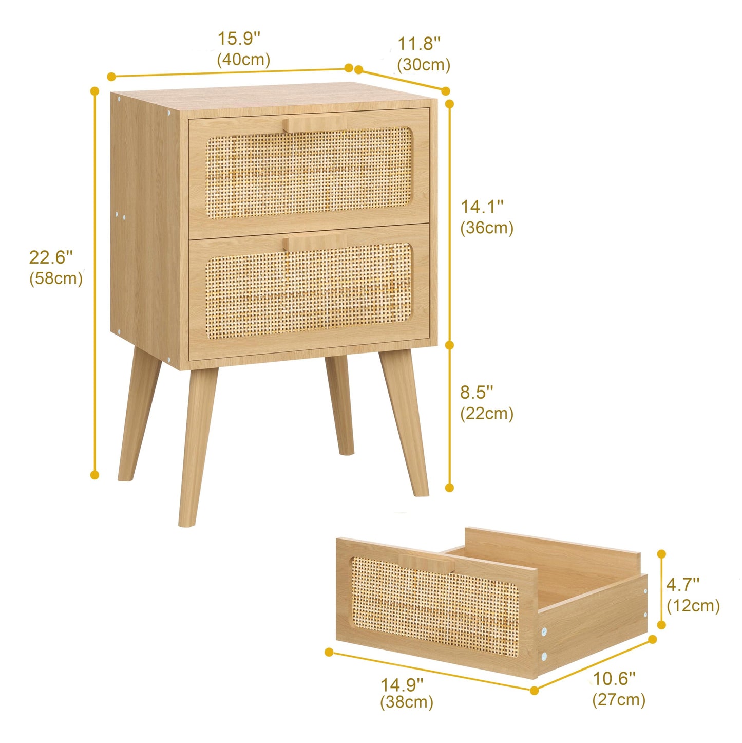 YAUKOMEL Rattan Nightstand, Wood End Table, Side Table with 2 Hand Made Rattan Decorated Drawers,Boho Bedside Table,Wood Accent Table with Storage for Livingroom, Bedroom, Natural CTG59Y