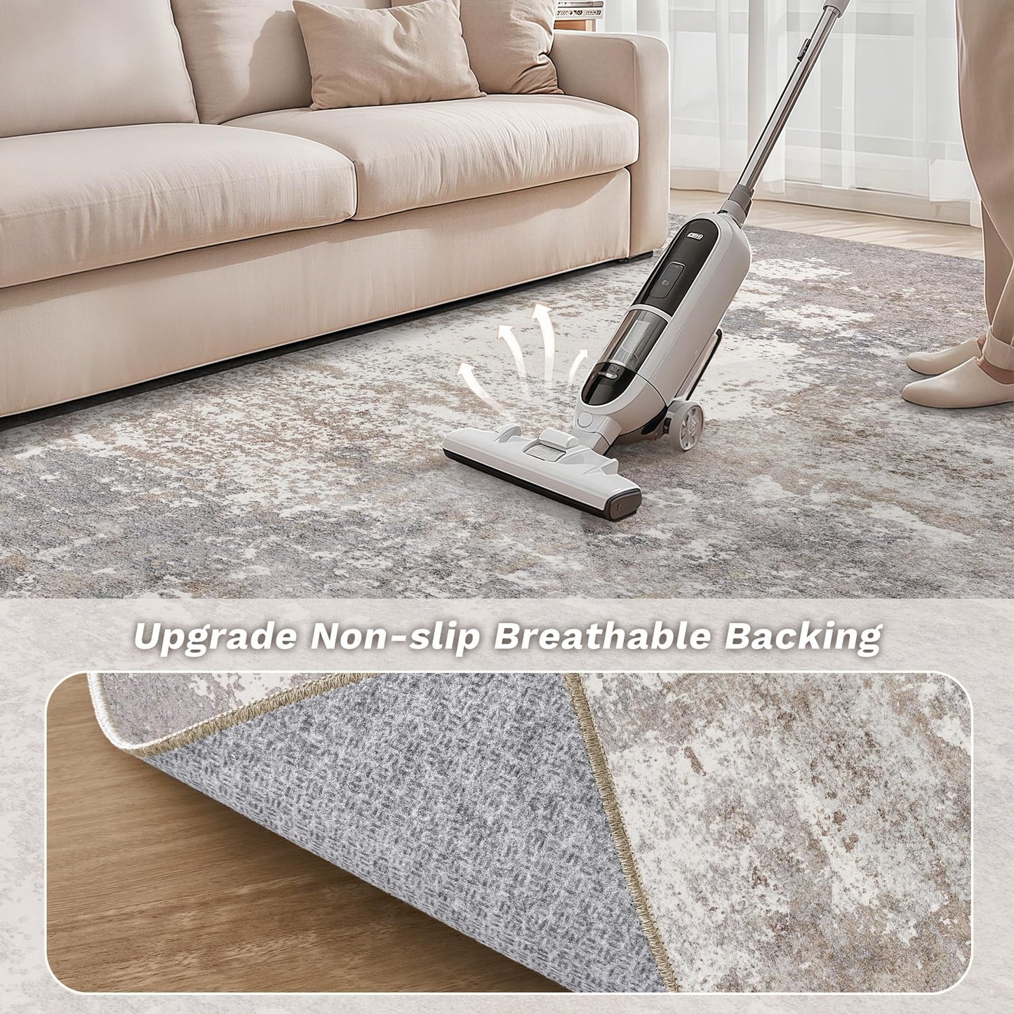 Micgeek Area Rug Living Room - 9X12 Abstract Washable Large Soft Foldable Non Slip Rug Neutral Modern Low Pile Carpet for Bedroom Nursery Dining Room Farmhouse Home Office Indoor - Grey Brown