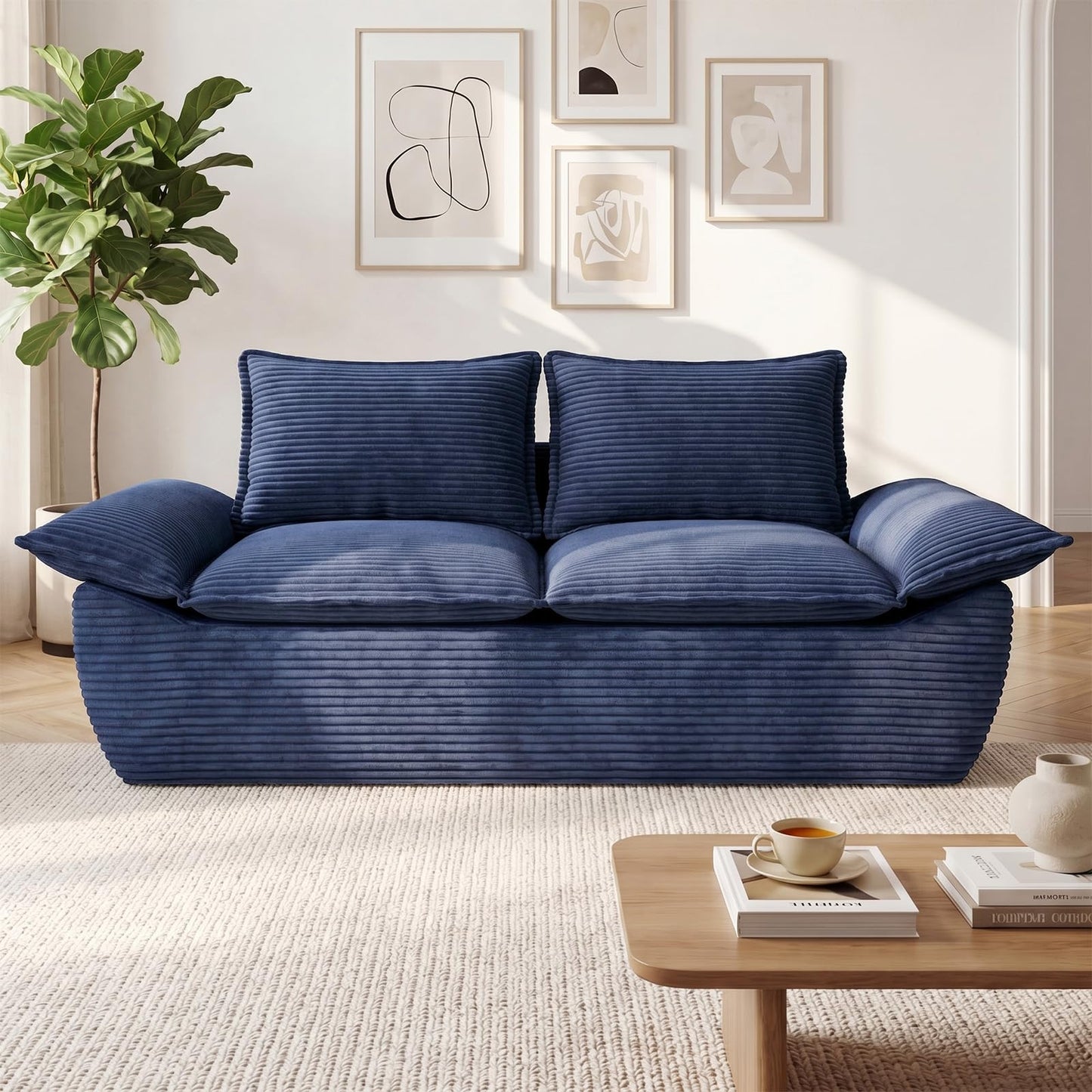 AOLVDOW 56" Boneless Loveseat, 2-Seater Boneless Sofa with Removable Cushions & 2 Pillows, Small Deep Seat Boneless Couch Compress Foam Sofa for Living Room, Apartments, & Office (Blue, Loveseat)