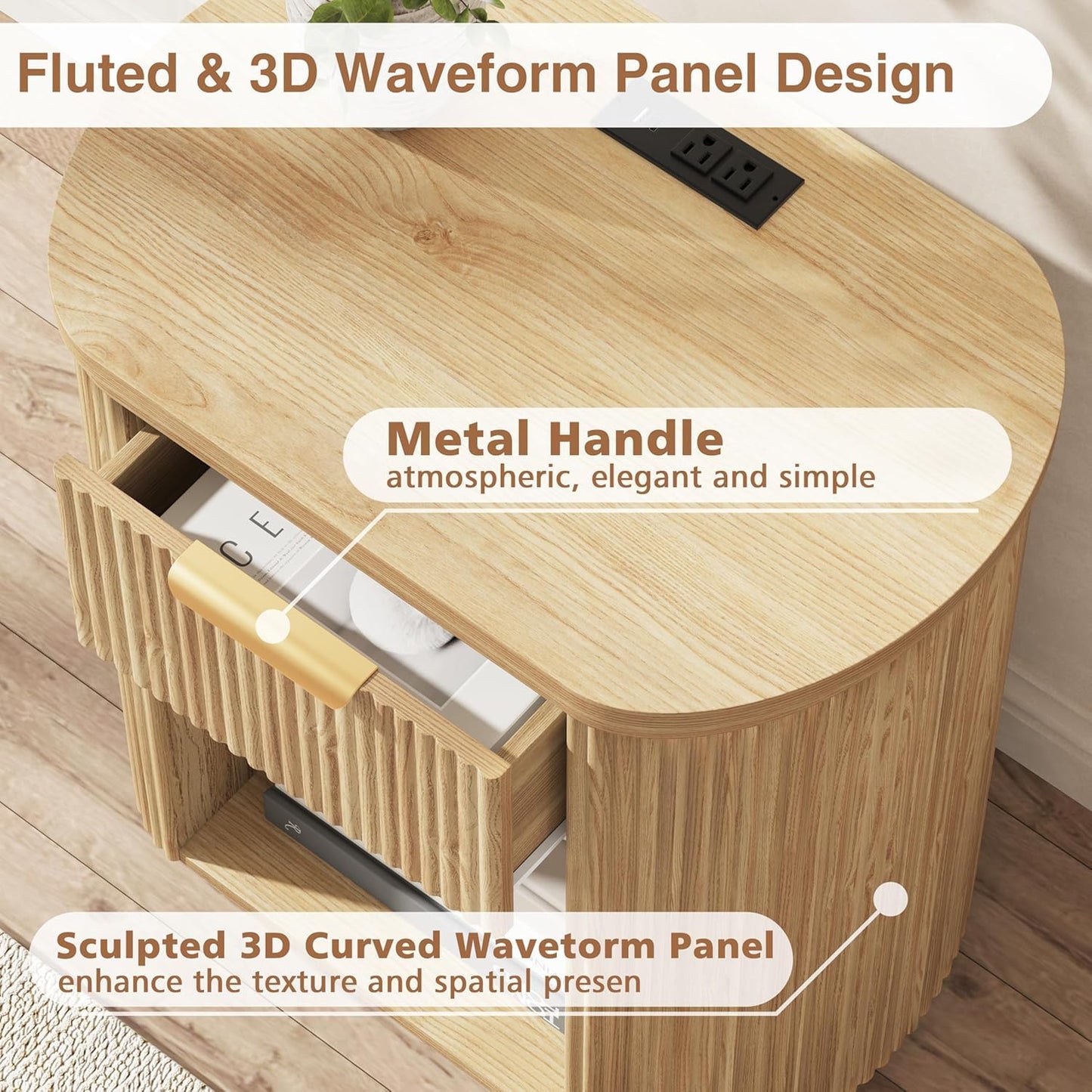 Fluted Nightstands Set of 2 with Charging Station, 23.6" Large Bedside Side Table, Wood End Table with Drawer Storage, Curved Round Corner, Furniture Bedroom Sofa, Mid Century Modern, Farmhouse, Oak