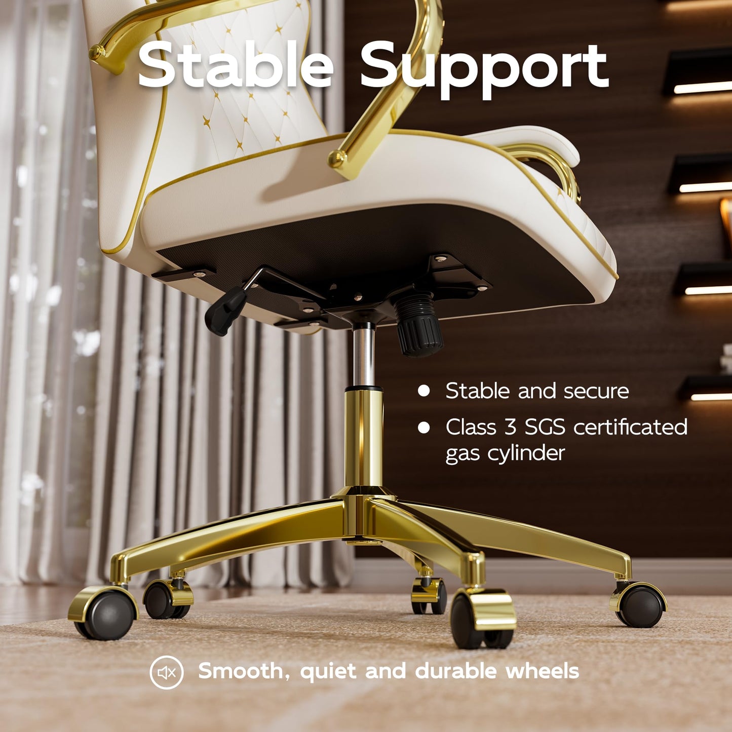 HomeZeer White and Gold Office Chair with Soft Leather Embroidery, Mid Back Vintage Swivel Executive Desk Chair with Wheels and Padded Arms, Adjustable Height