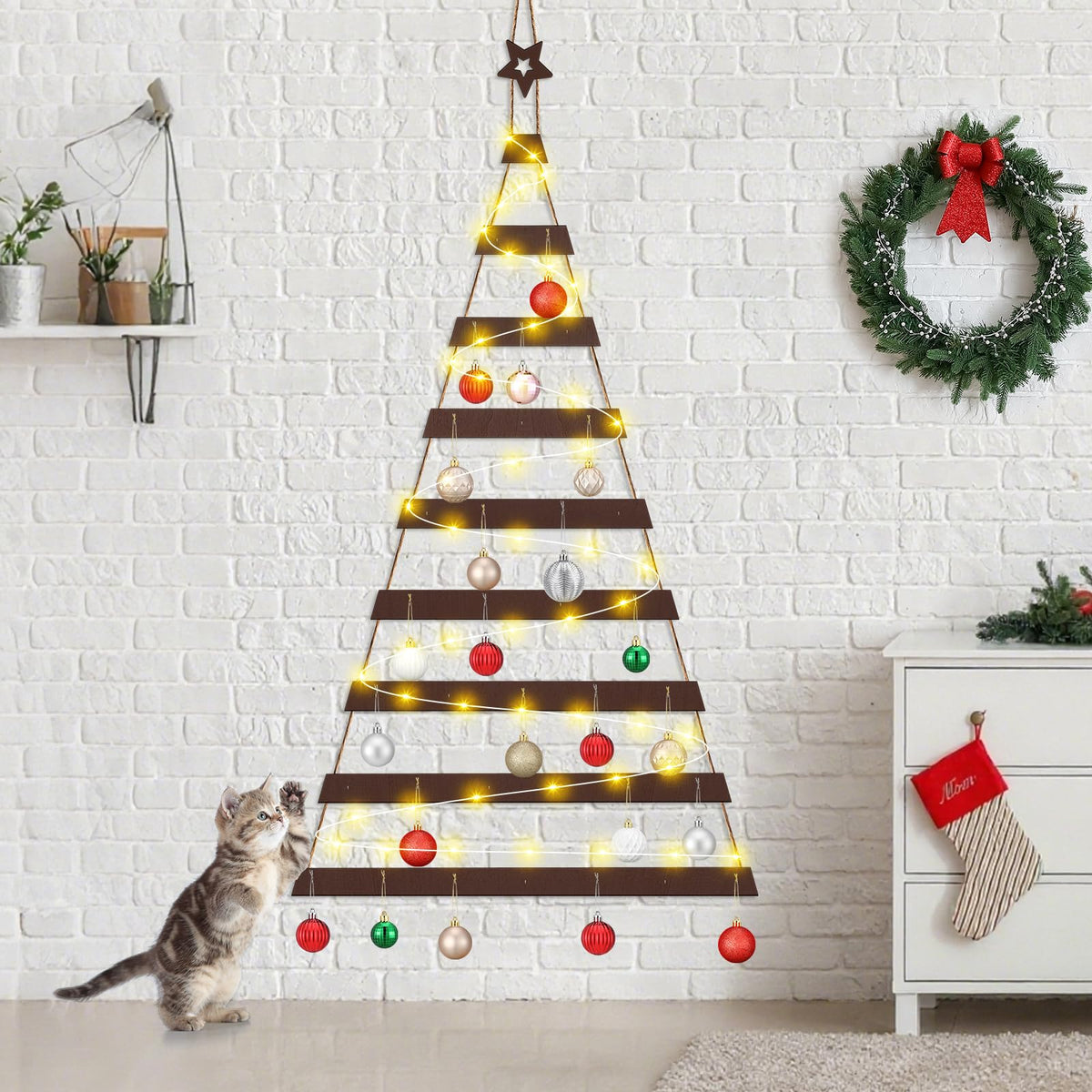 Vercraft Cat Proof Wall Christmas Tree with Light Hanging Mounted Wood Christmas Trees Wall Hanging Xmas Decor with Hooks Wooden Flat for Xmas Holiday Decoration Cat Home Indoor Office Party Supply