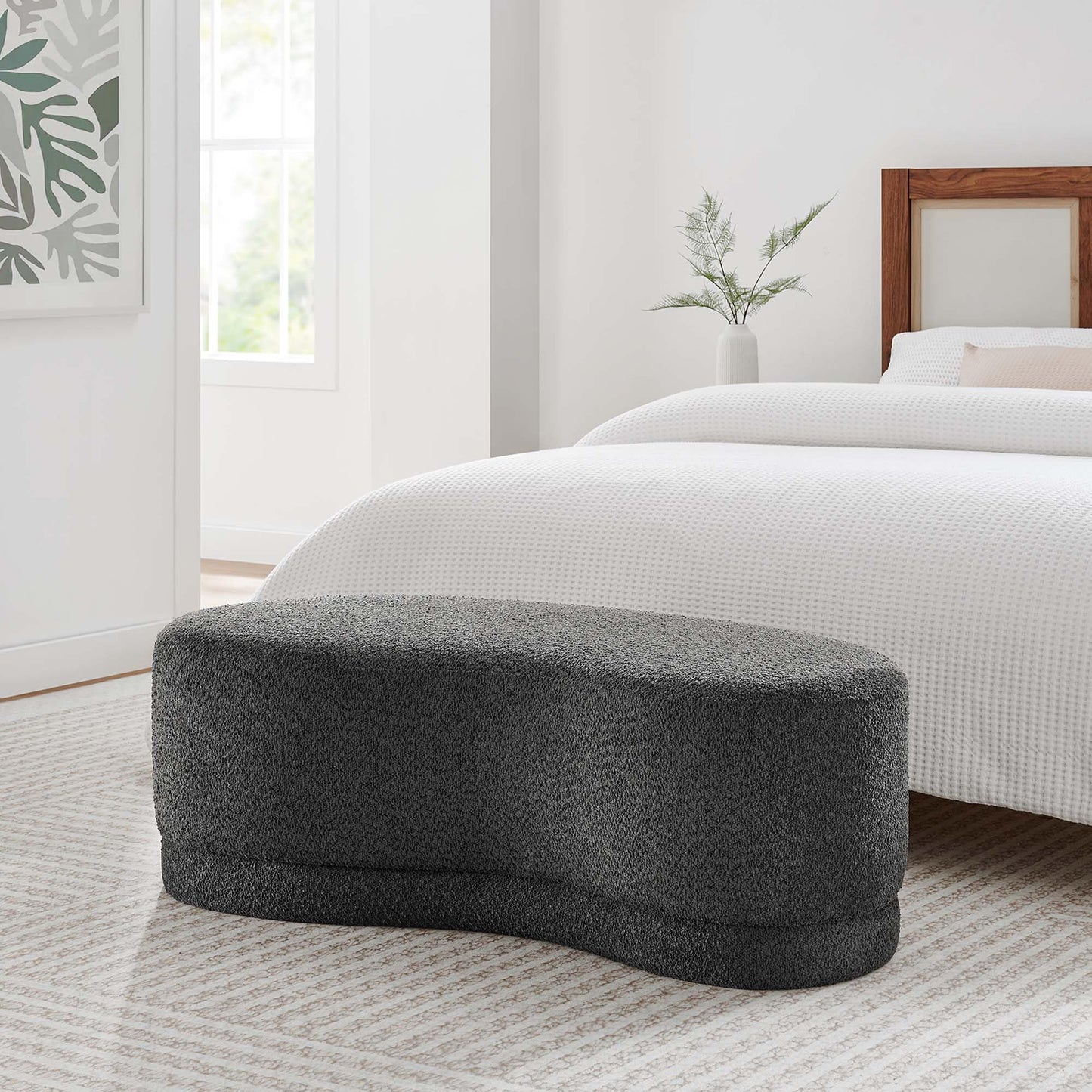 Modway Nimbus 48 Inch Curved Ottoman Bench in Cast Slate - Soft Fabric Chenille Ottoman - Versatile Bedroom Bench - Bouclé Footstool - Upholstered Coffee Table - Bedroom and Living Room Furniture