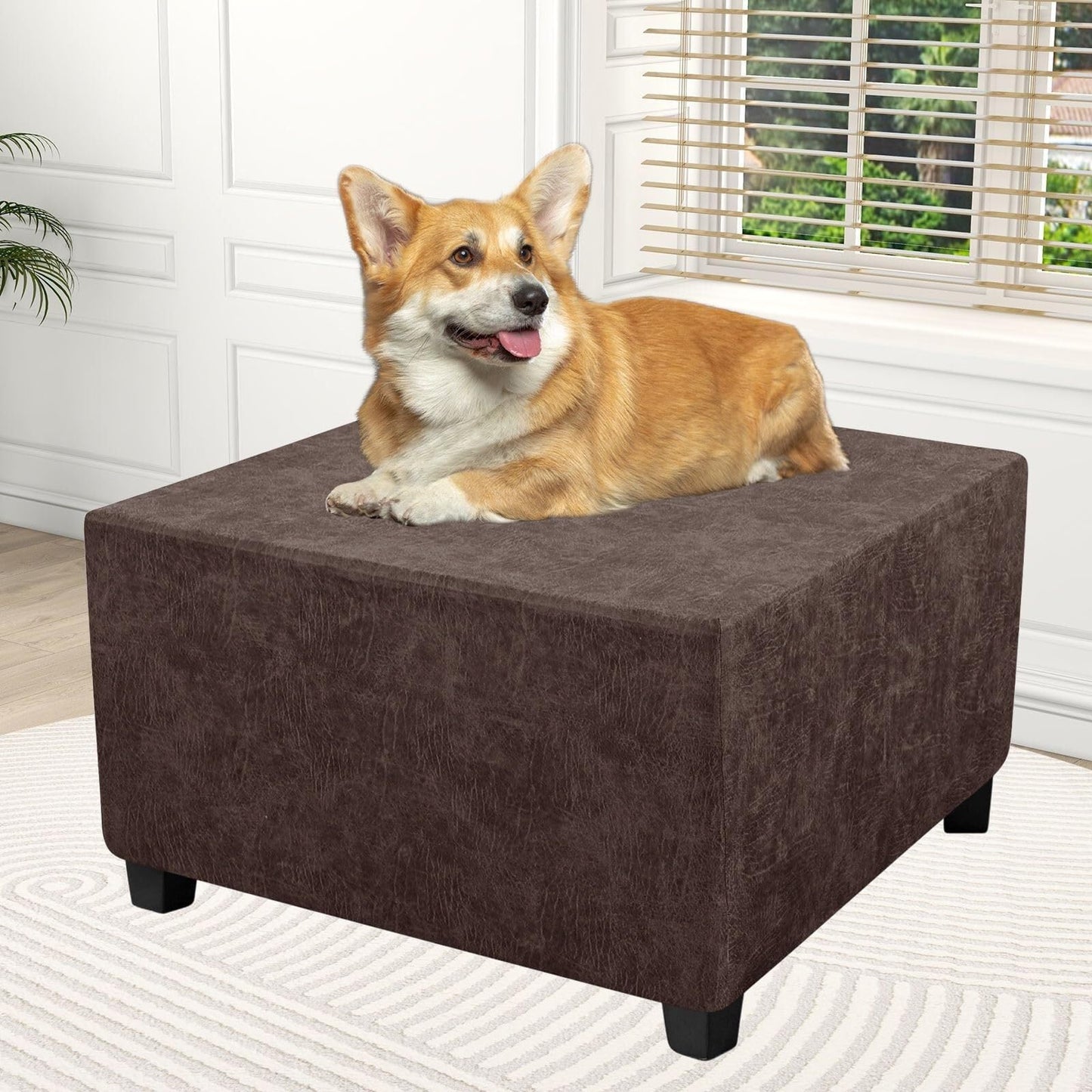 HYGPP Faux Leather Ottoman Cover Rectangle Ottoman Slipcover Waterproof Storage Ottoman Cover Stretch Non Slip Living Room Furniture Protector-Brown-Large(Brown,Large)