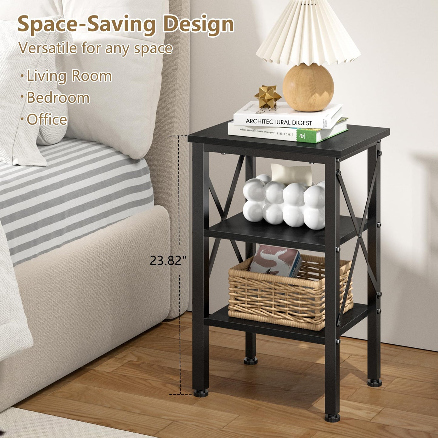 VECELO End Table Set of 2, Bedside Table, 24" Tall Living Room End Tables, X-Design Reinforced Nightstands, Side Table with 3-Tier Storage Shelves for Small Spaces, Office, Bedroom, Classic Black