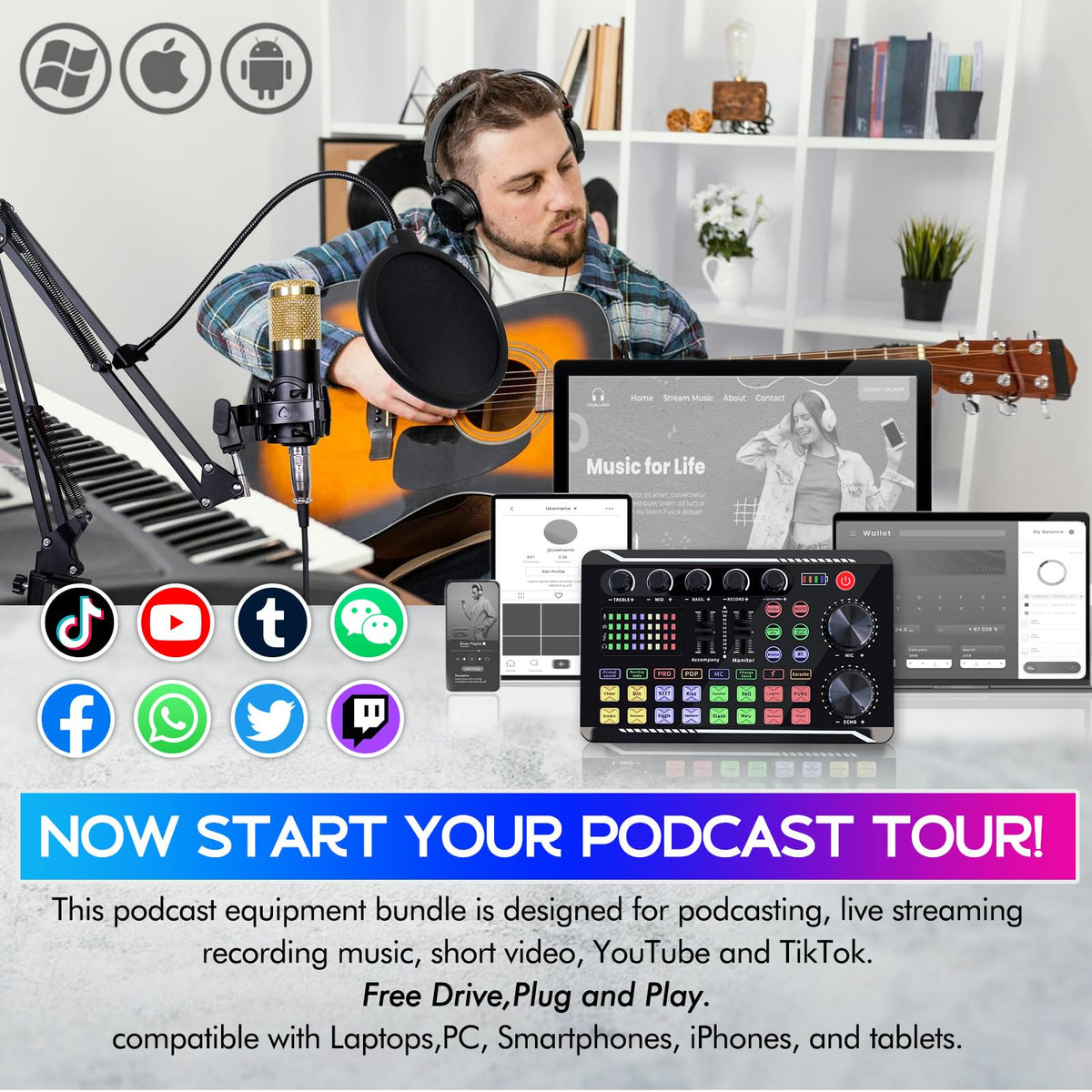 ALSO GO Podcast Equipment Bundle, Podcast Equipment with BM-800 Microphone(Gold) & F998 Sound Card, Recording Studio Equipment for Podcasting, Singing, Gaming, and Live Streaming YouTube Tiktok