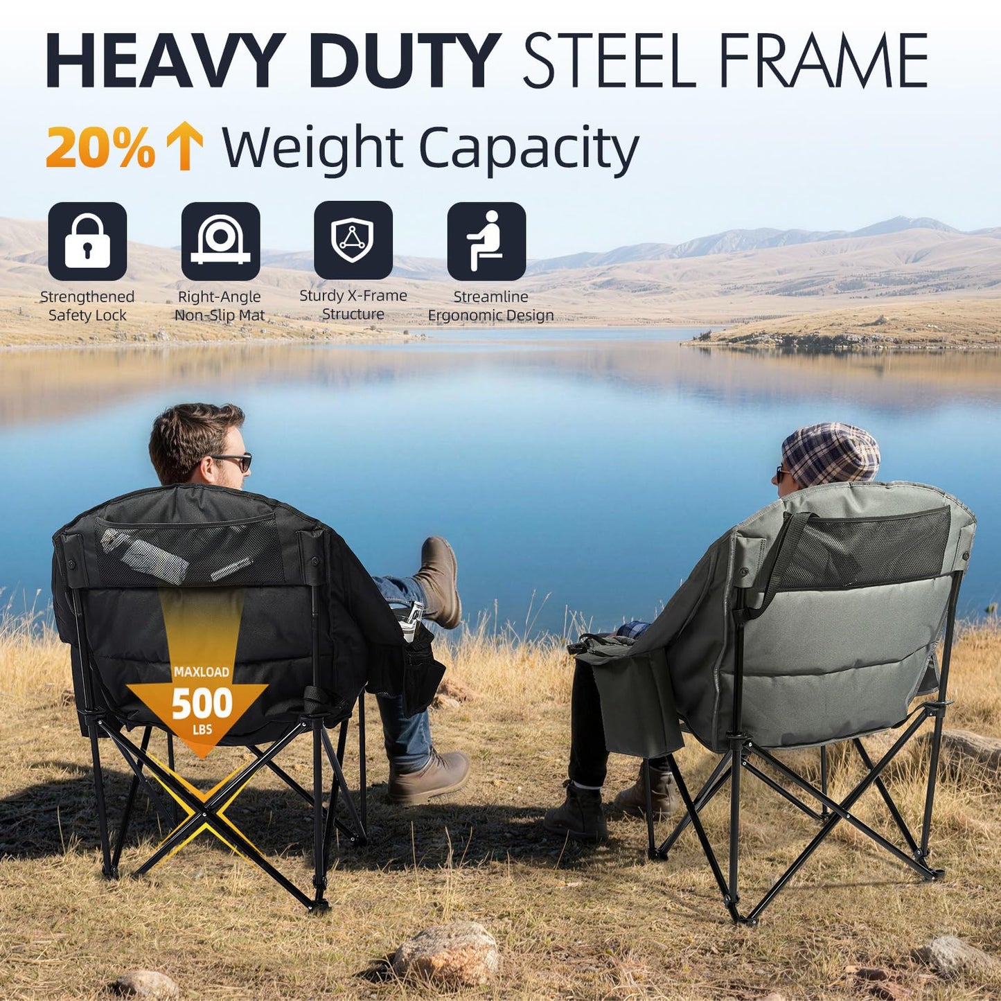 Oversized Camping Chair for Adults - Heavy Duty Outdoor Padded Large Lawn Camp Chair with Cup Holder Cooler Pockets for Sports Beach Fishing Garden Portable Supports 500lbs, Black/Grey 2 Pack