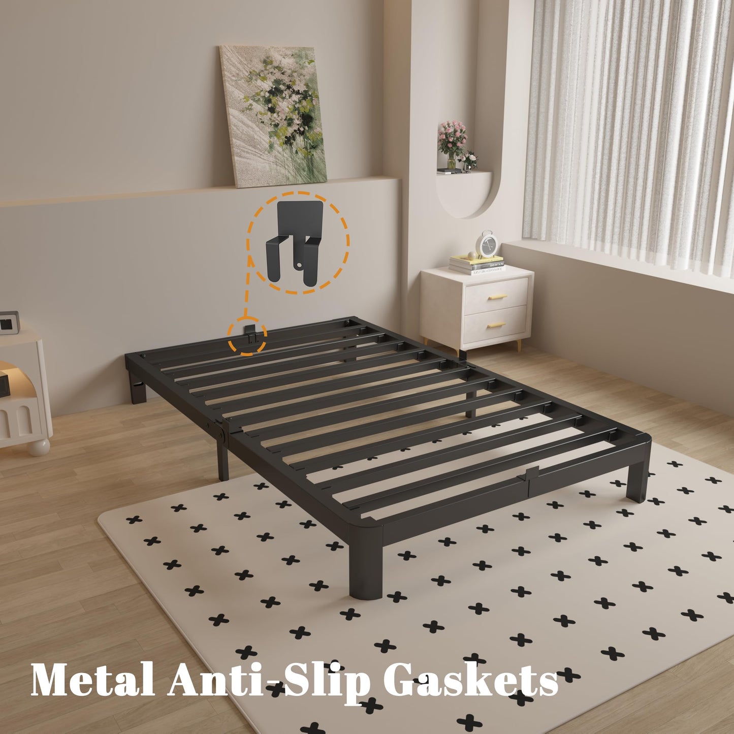 KOSOSO 4 Inch Twin Bed Frames with Metal Baffles, Black Bed Frame Twin Size No Box Spring Needed, Rounded Corner Legs, Heavy Duty Steel Platform Support, Reserved Holes, Noise Free, Easy Assembly