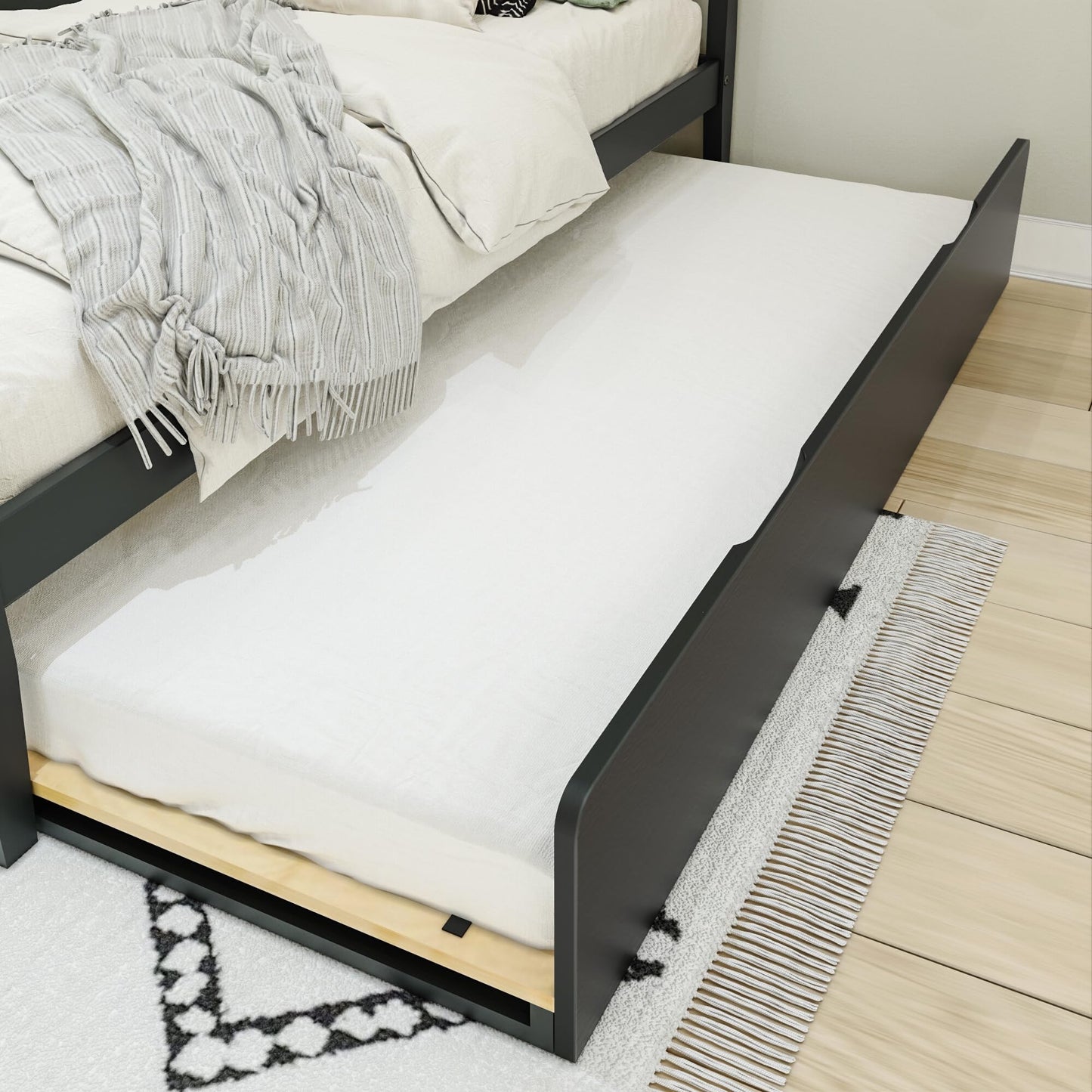 Max & Lily Scandinavian Panel Bed (Twin), Slatted Headboard, with Trundle, Black/Blonde