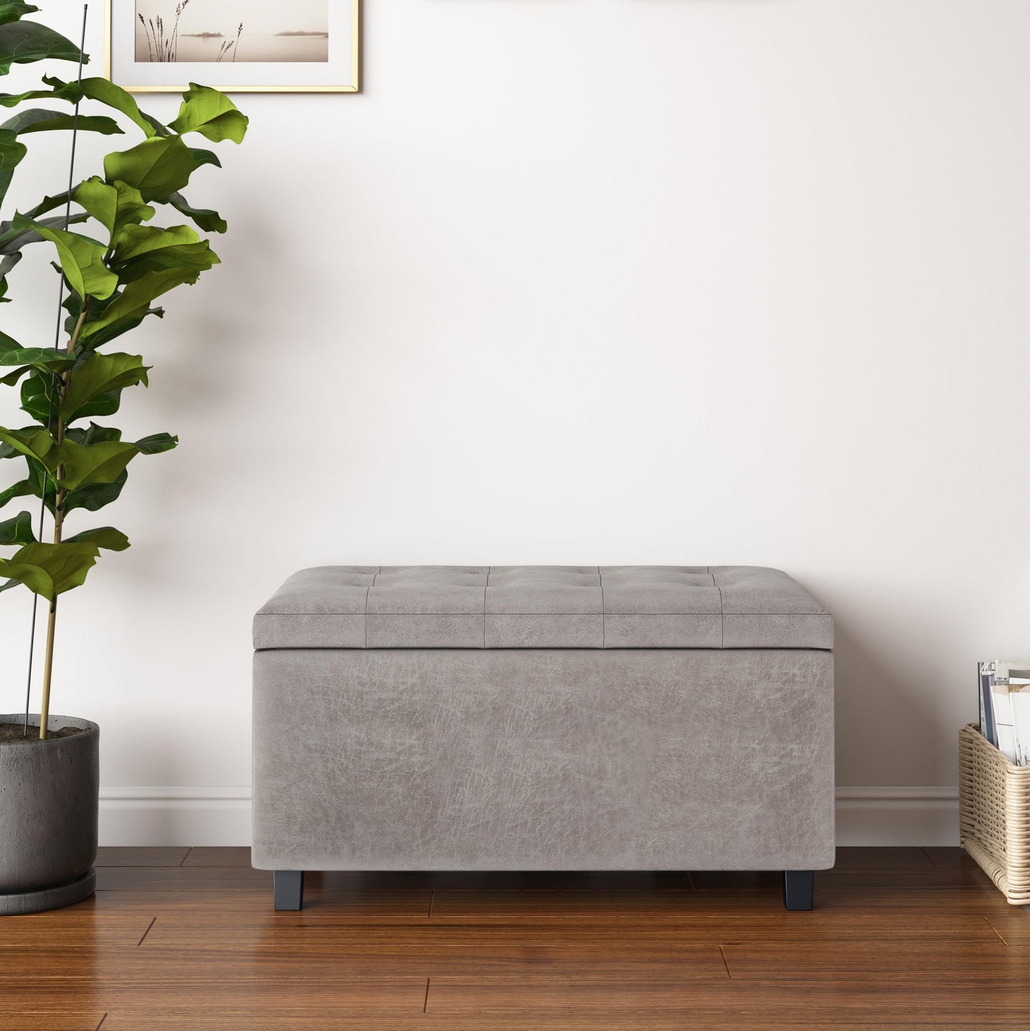 SIMPLIHOME Cosmopolitan Storage Ottoman - 34 inch Wide Upholstered Vegan Leather Rectangle Storage Ottoman Bench in Distressed Grey Taupe, Transitional Tufted Ottoman for Living Room with Lift-Up Lid