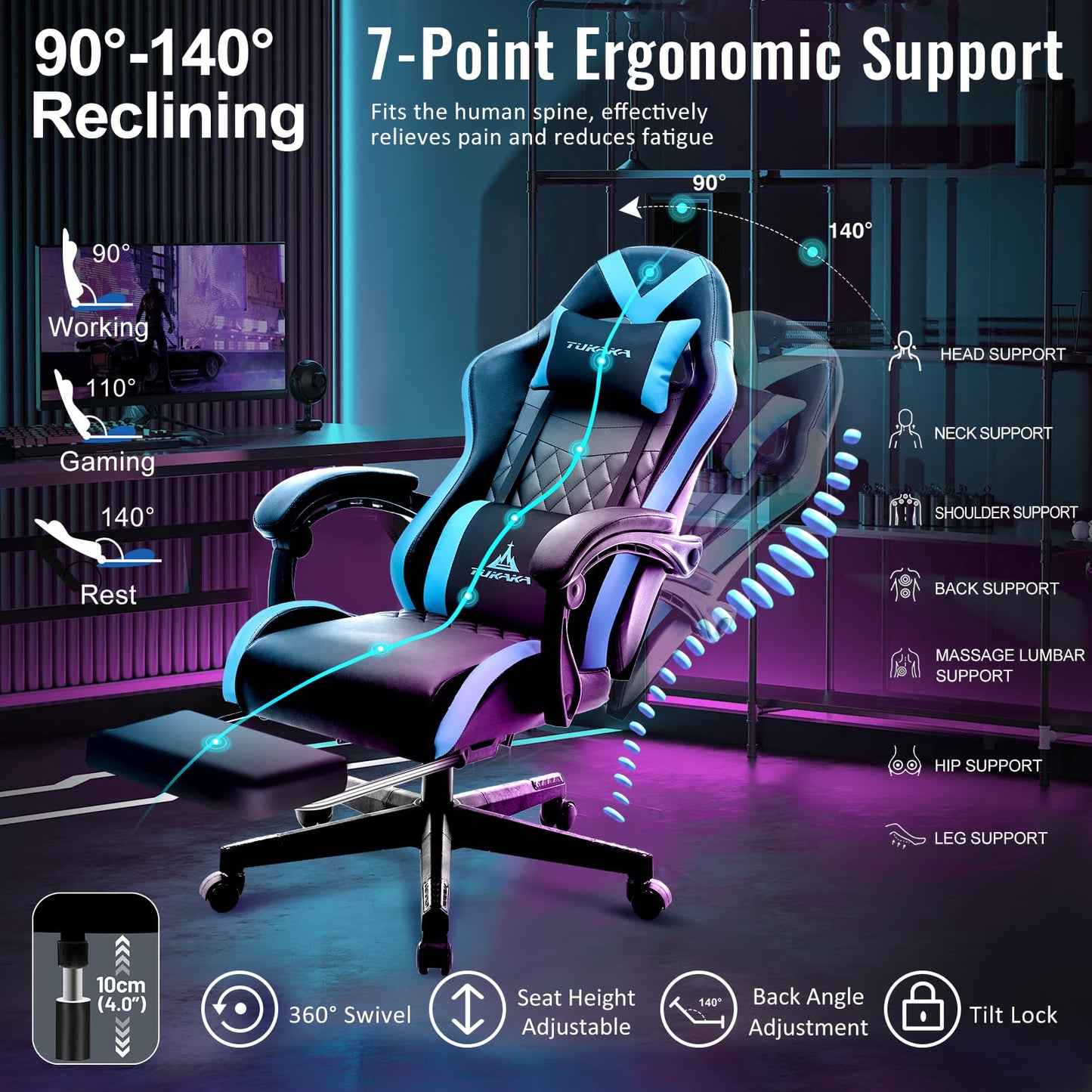 TUKAKA Gaming Chair,Ergonomic Massage Computer Office Desk Chair with Footrest,Pocket Spring Cushion,Reclining Leather Adjustable Gamer Chair with Headrest and Lumbar Support,Blue