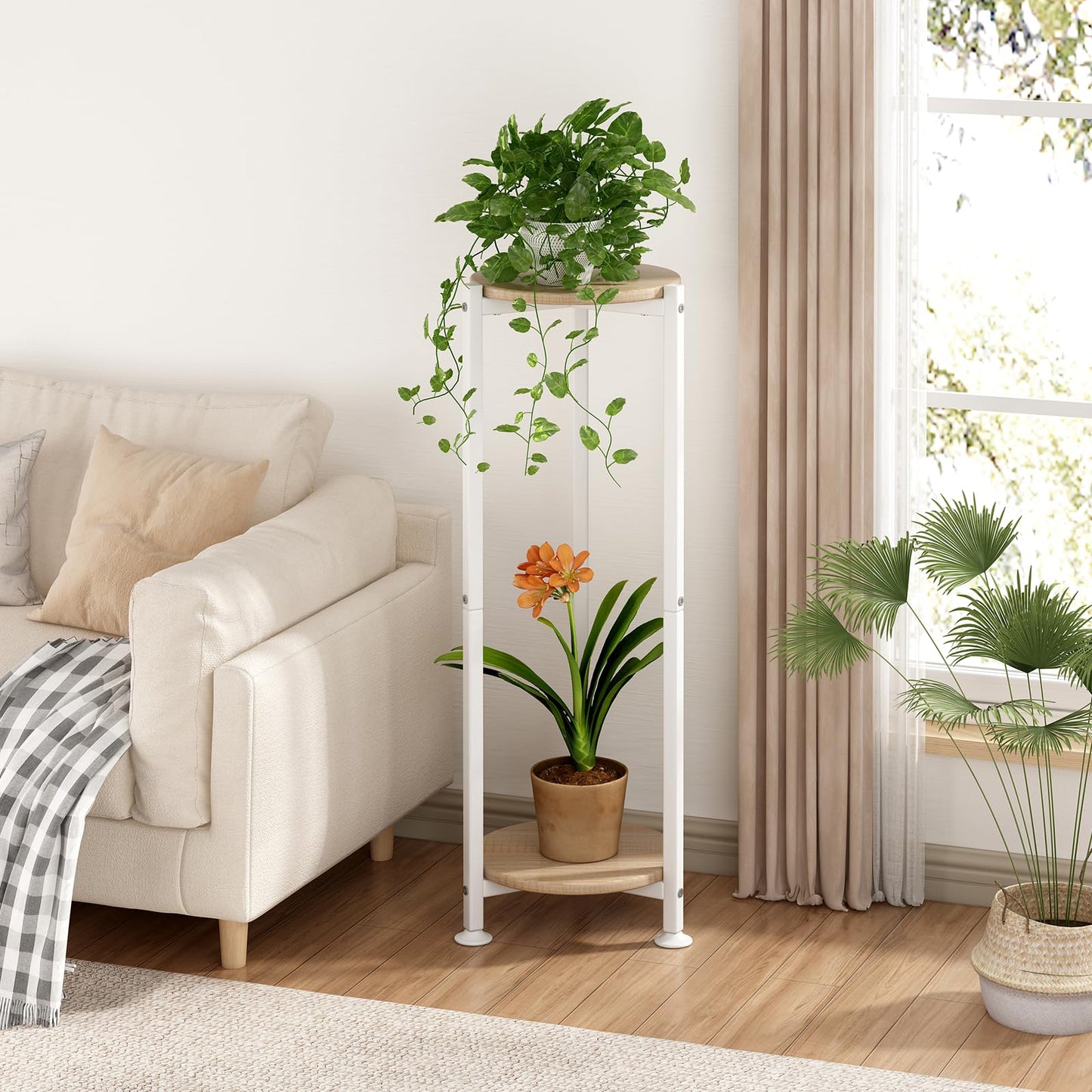 YIZAIJIA Plant Stand Indoor Corner Tall 2 Tier Metal Modern Flower Storage Plant Shelf Holder for Living Room Balcony Garden,White (2 Tier-White Round)